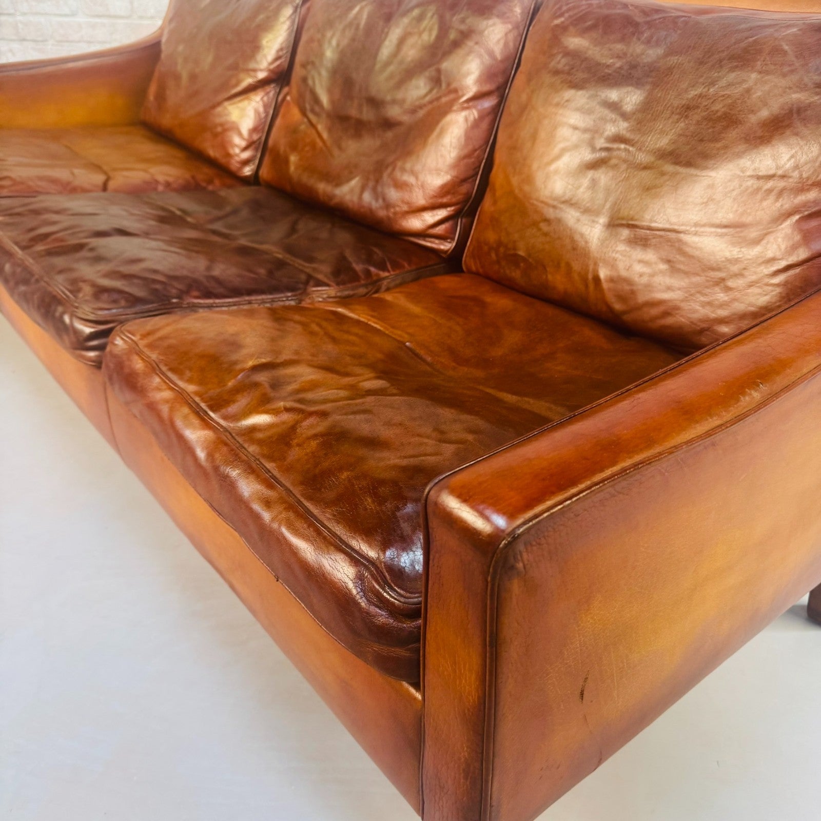 1960s Swedish Patinated Tan Leather 3-Seater Sofa – Dark Walnut Legs