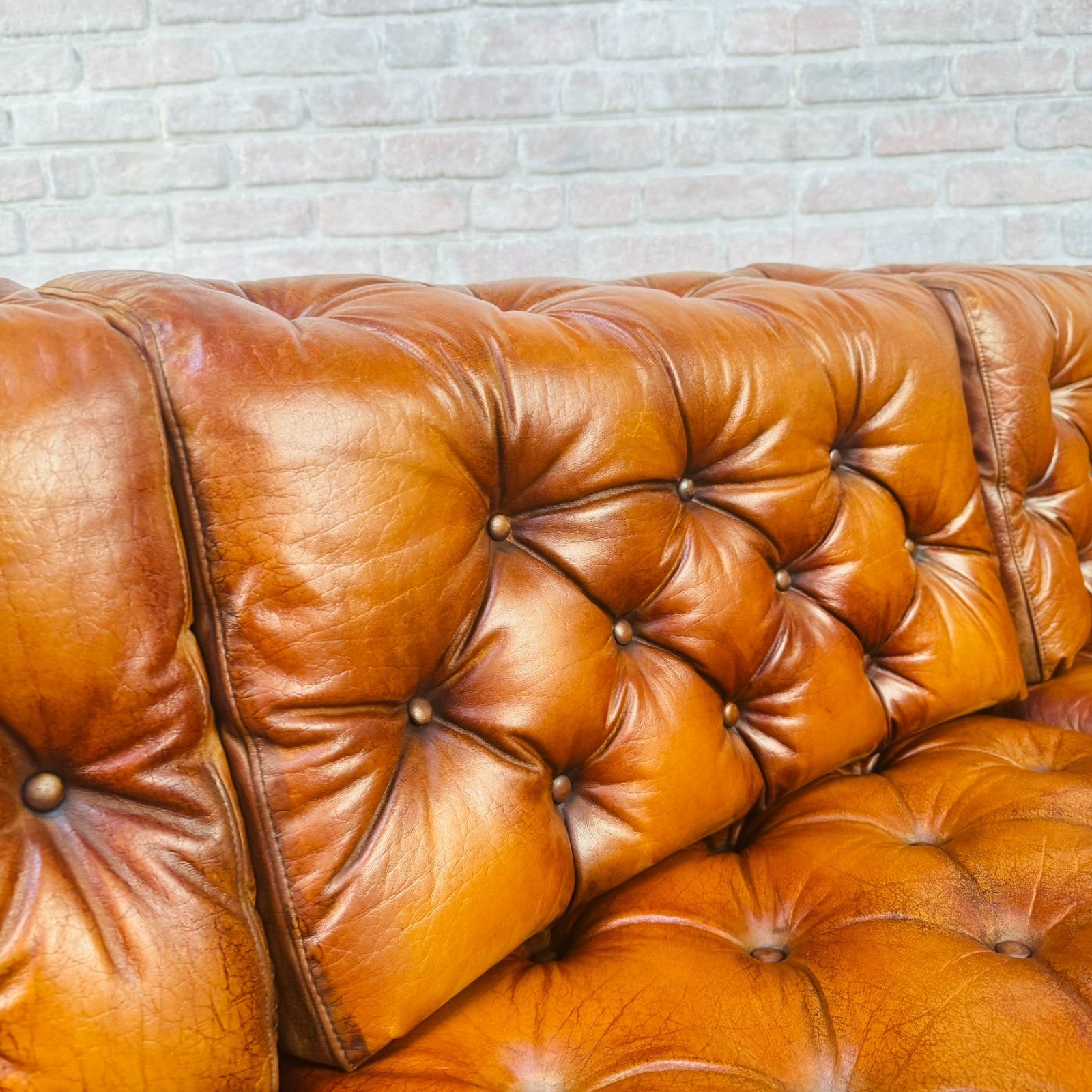 Vintage Danish Tan Leather Three Seater Sofa Fully Buttoned