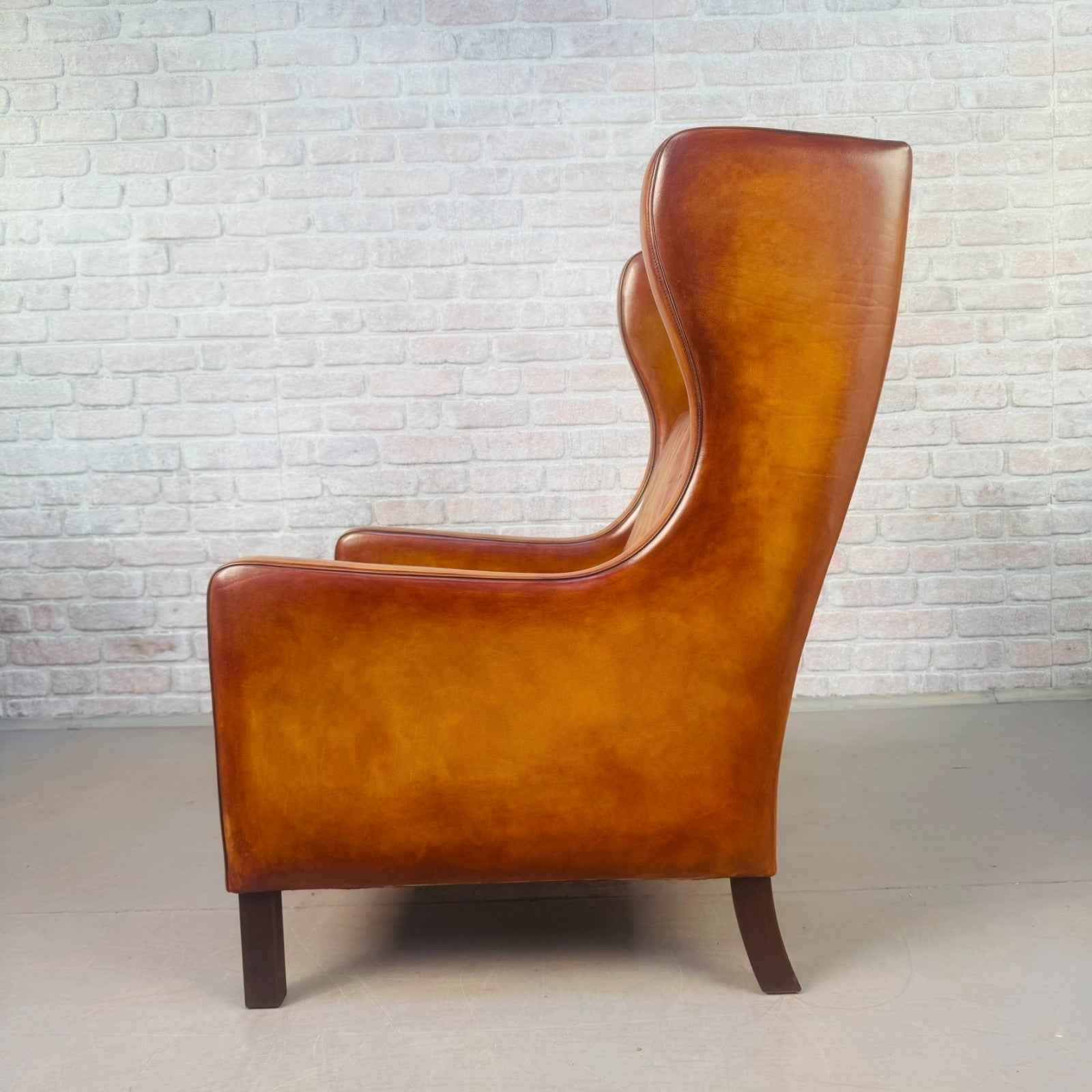 Vintage 1970s Danish High Back Tan Leather Armchair Mid Century Lounge Chair