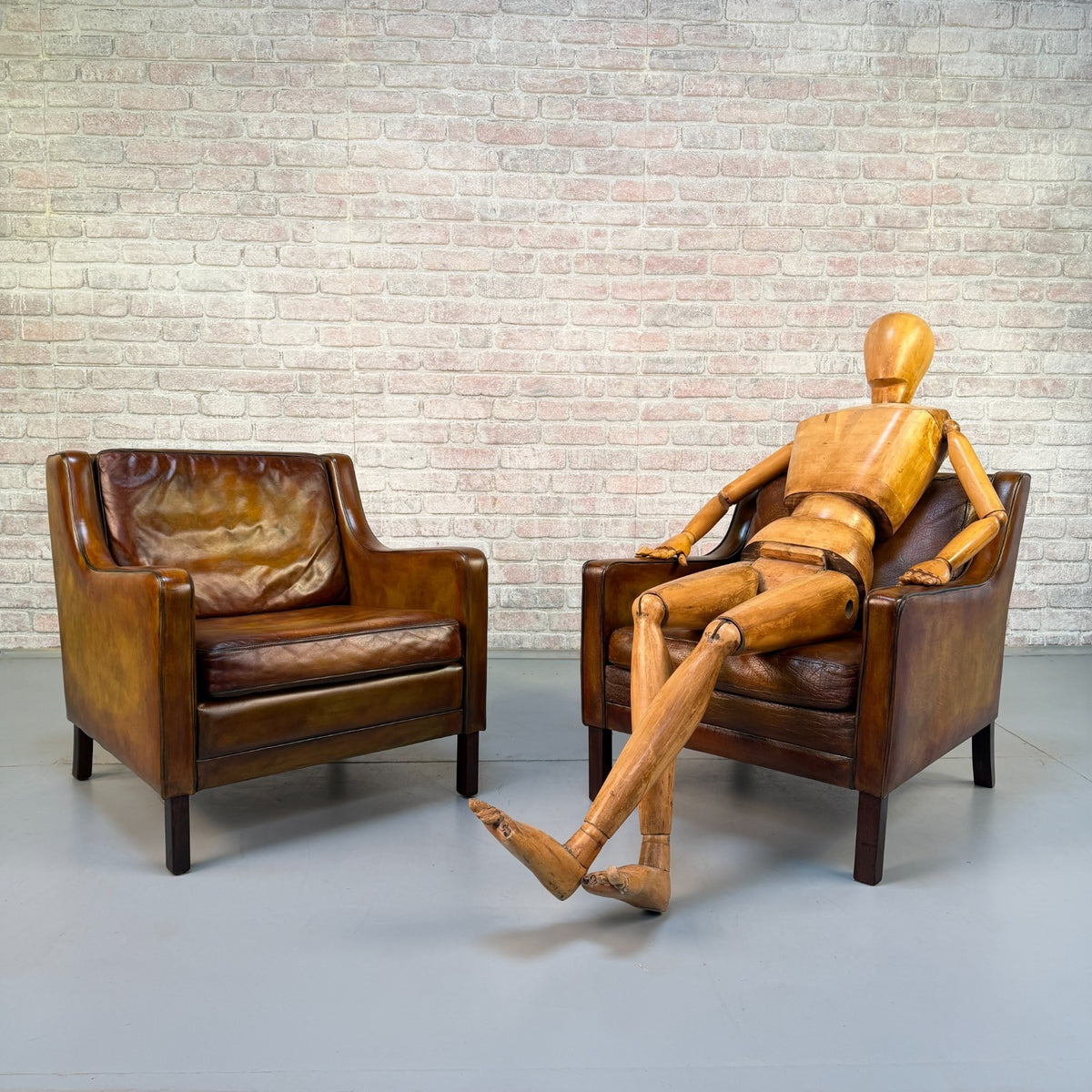 Near Pair Vintage 1970s Mogens Hansen Tan Leather Armchairs Danish Design