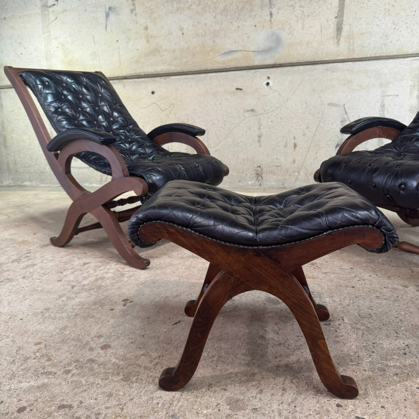Pair of 1940s Spanish Slipper Chairs with Footstool – Pierre Lottier for Valenti