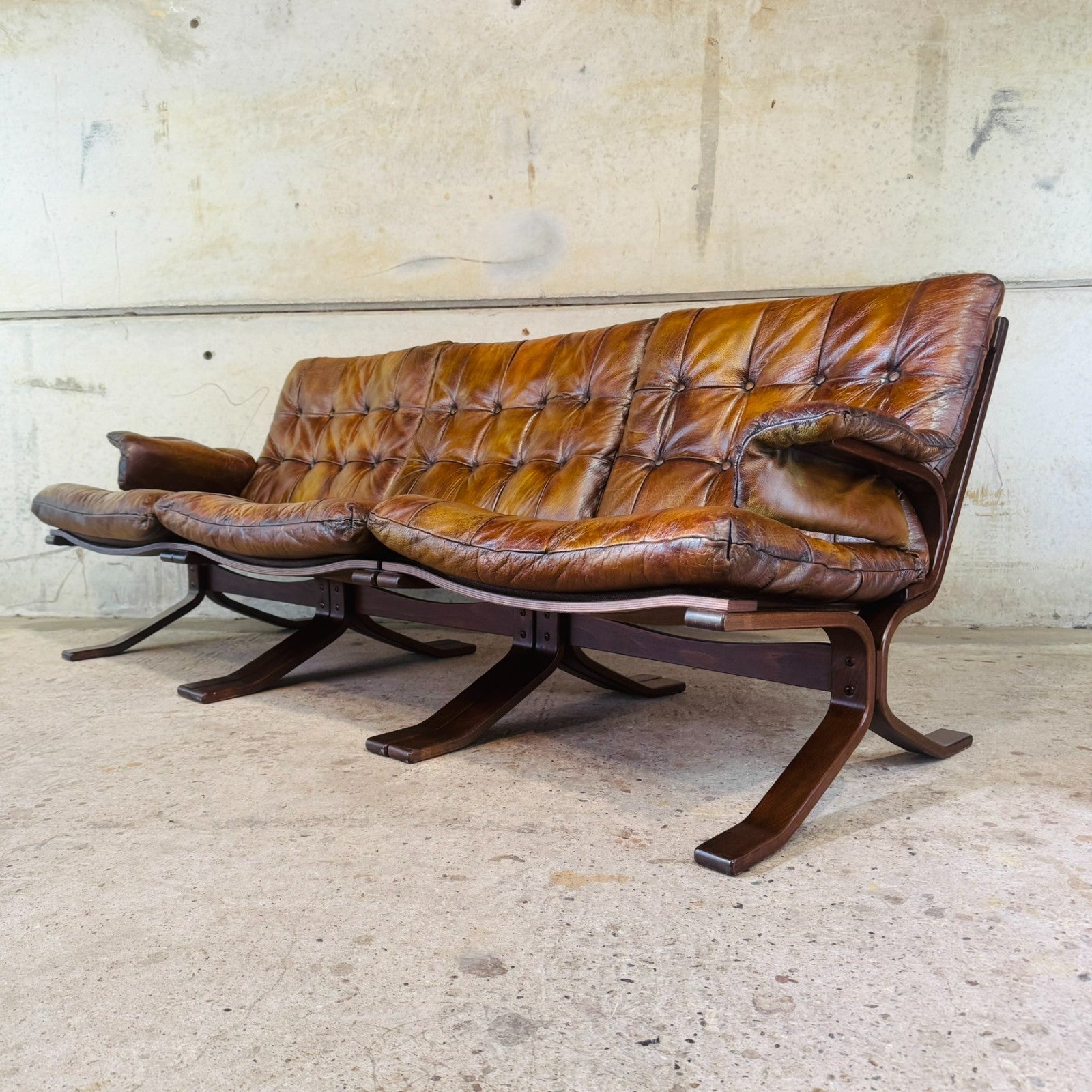 1970s Norwegian Tan Leather Three-Seater Sofa — Rustic Bentwood Frame