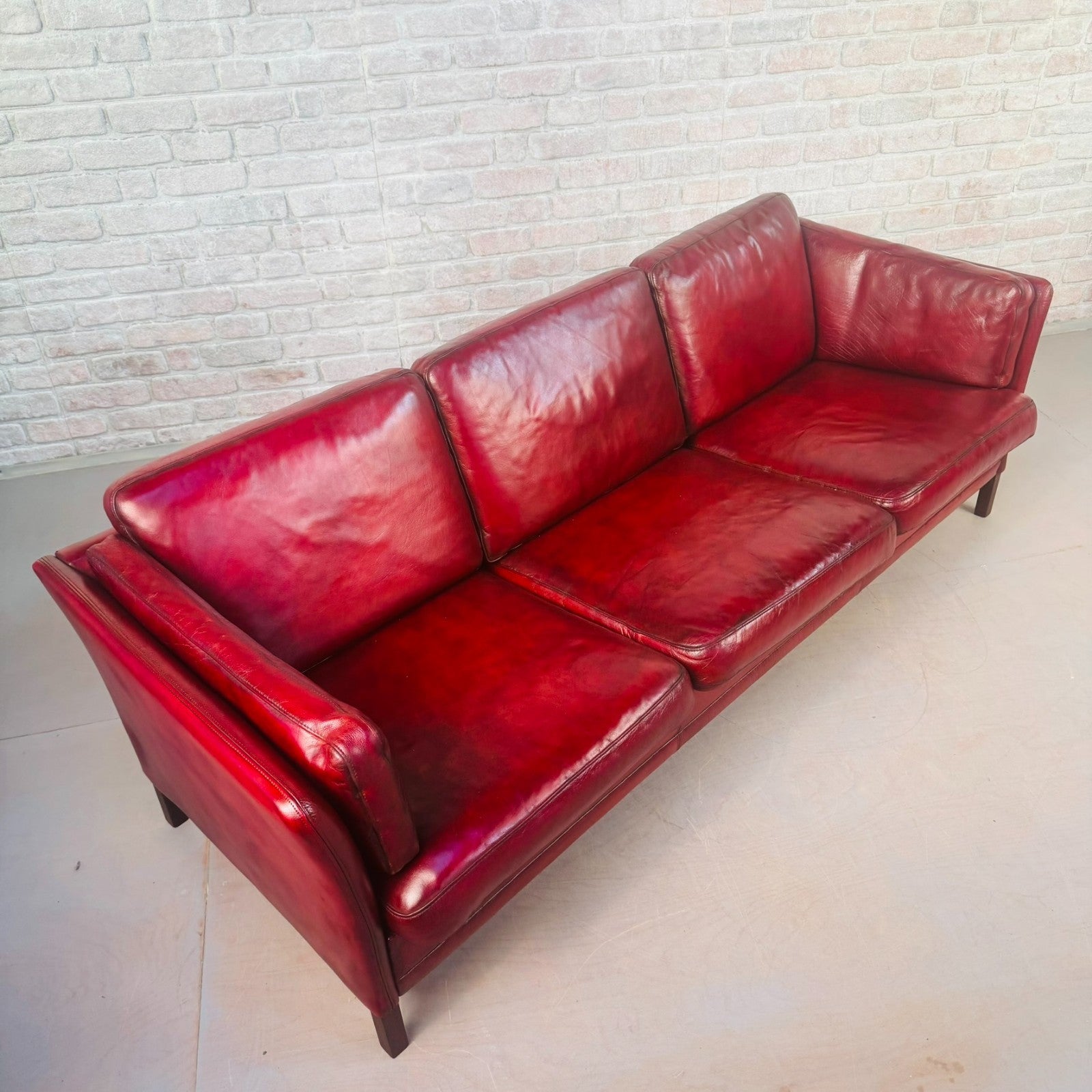 Vintage 1970s Mogens Hansen Danish Red Leather Three-Seater Sofa Mid Century