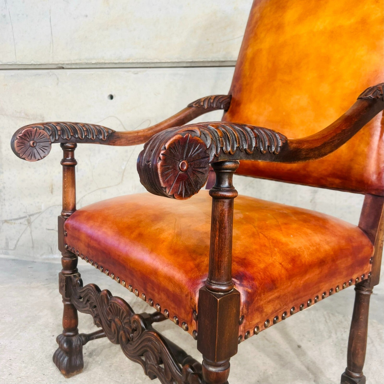 Cromwellian Revival Carved Oak and Leather Armchair Carver Chair