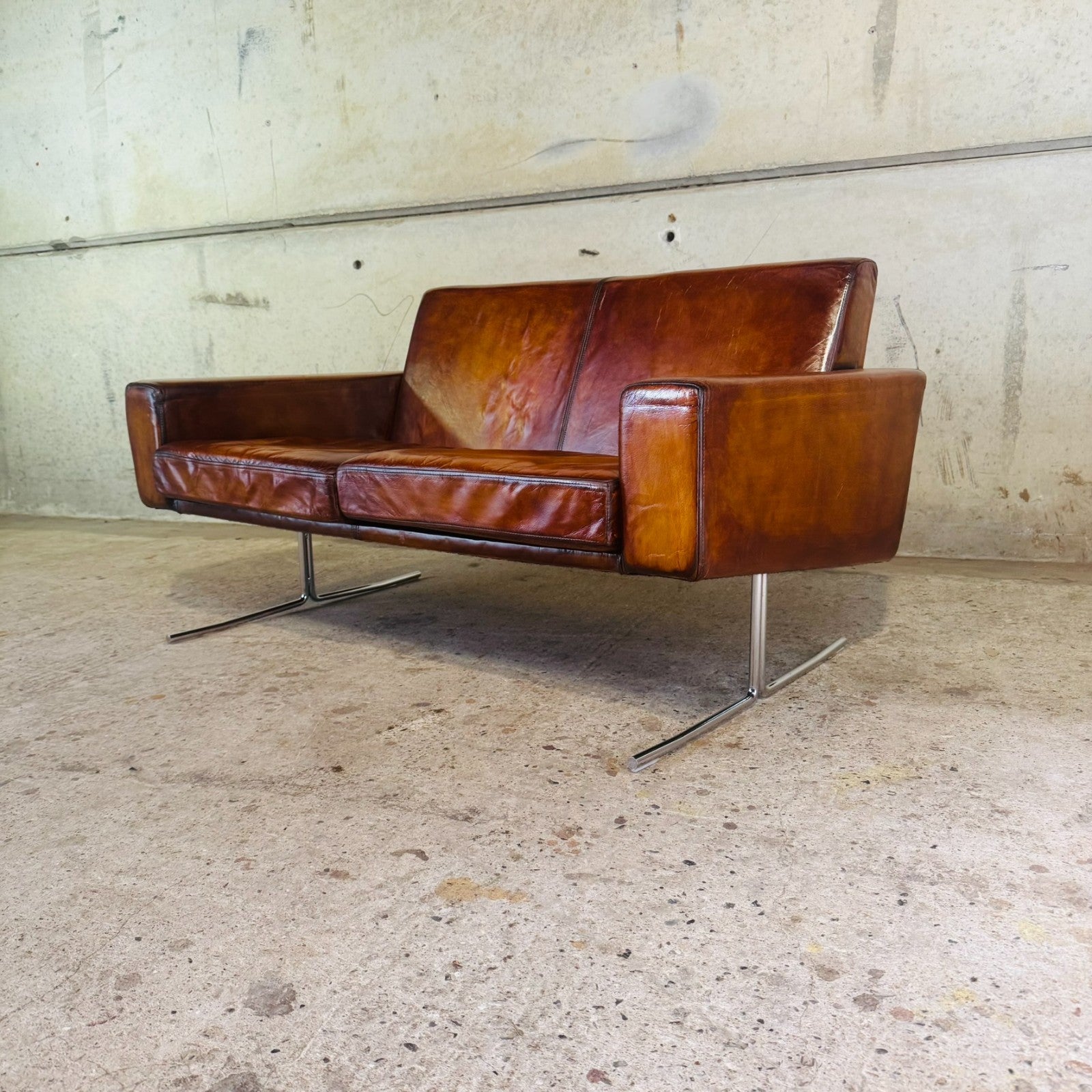 Vintage Danish Mid-Century Tan Leather Two-Seater Sofa by Danerka