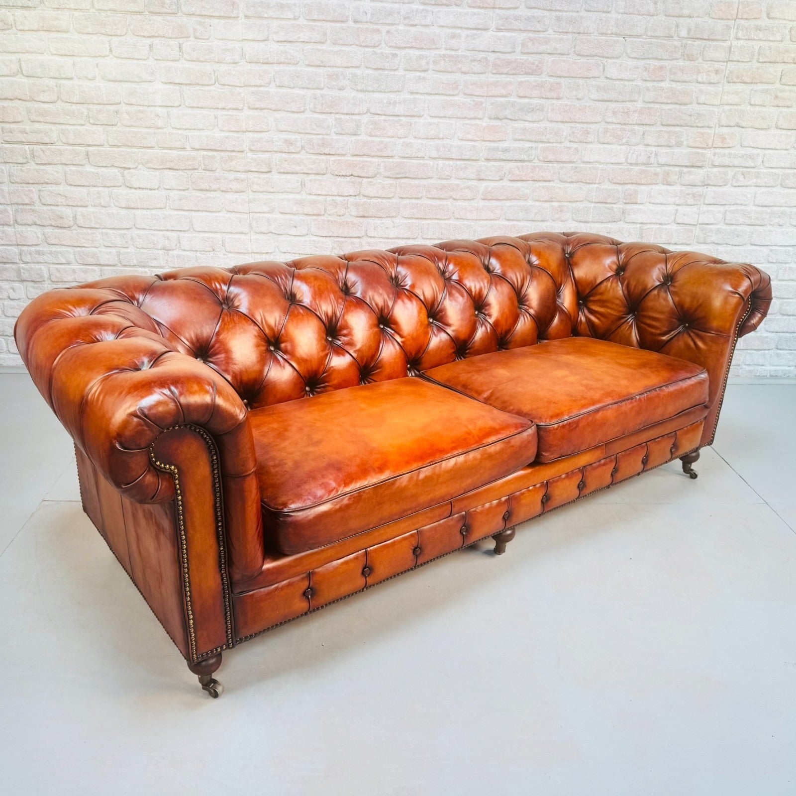 Vintage English Three Seater Tan Leather Chesterfield Sofa