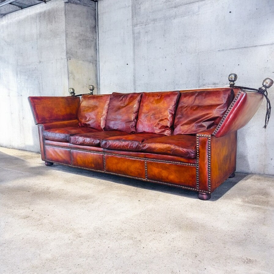 Stunning 1930s Knole Drop-End Large Four-Seater Tan Leather Sofa