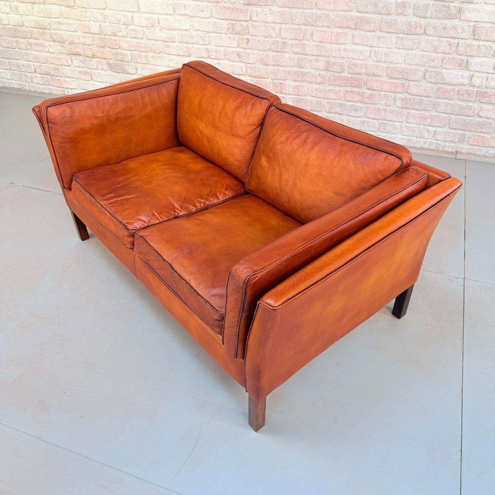 Vintage Danish Tan Leather 2 Seater Sofa Hand Dyed Buffalo Leather Patina
