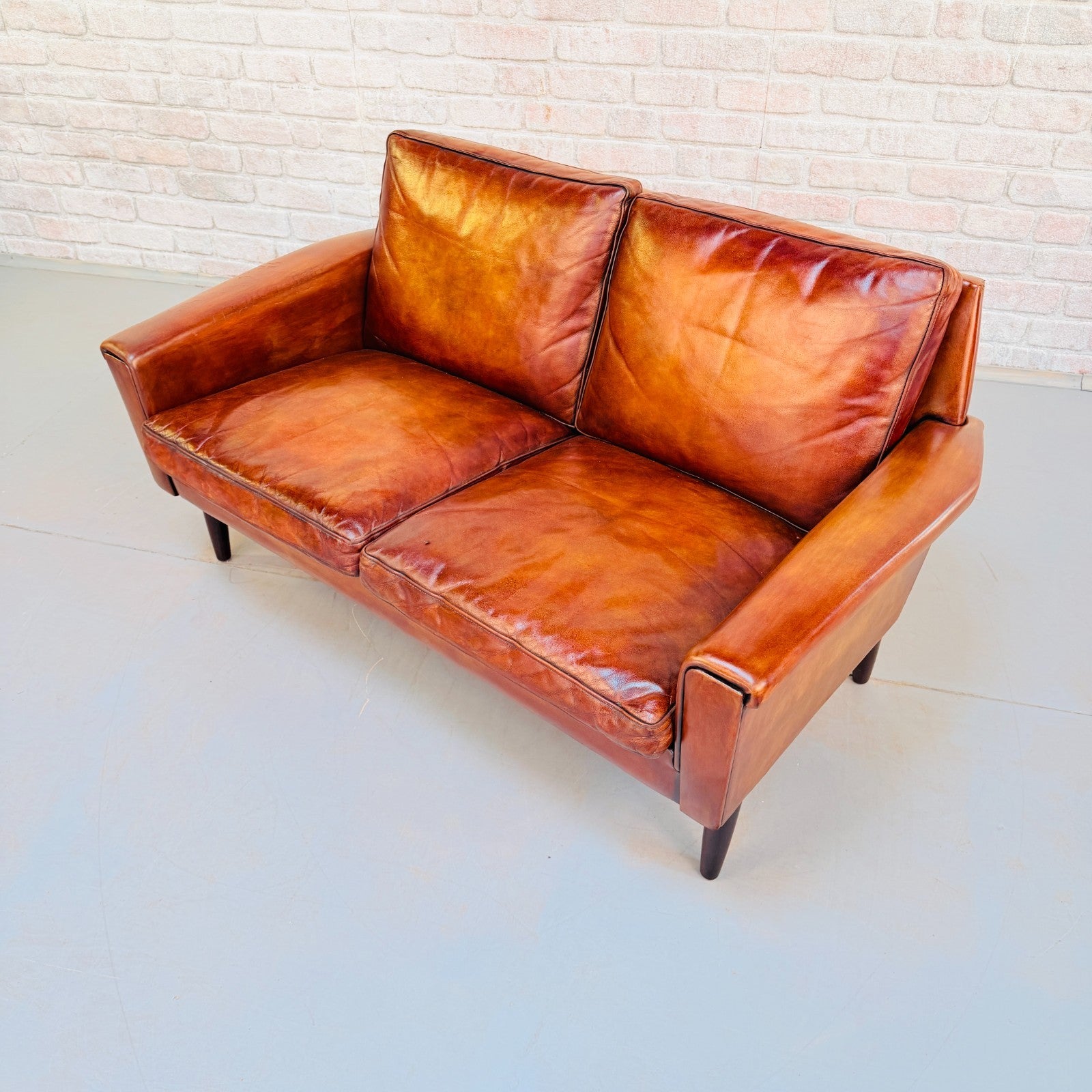 Vintage 1970s George Thams Tan Leather 2 Seater Sofa Hand Dyed Patina