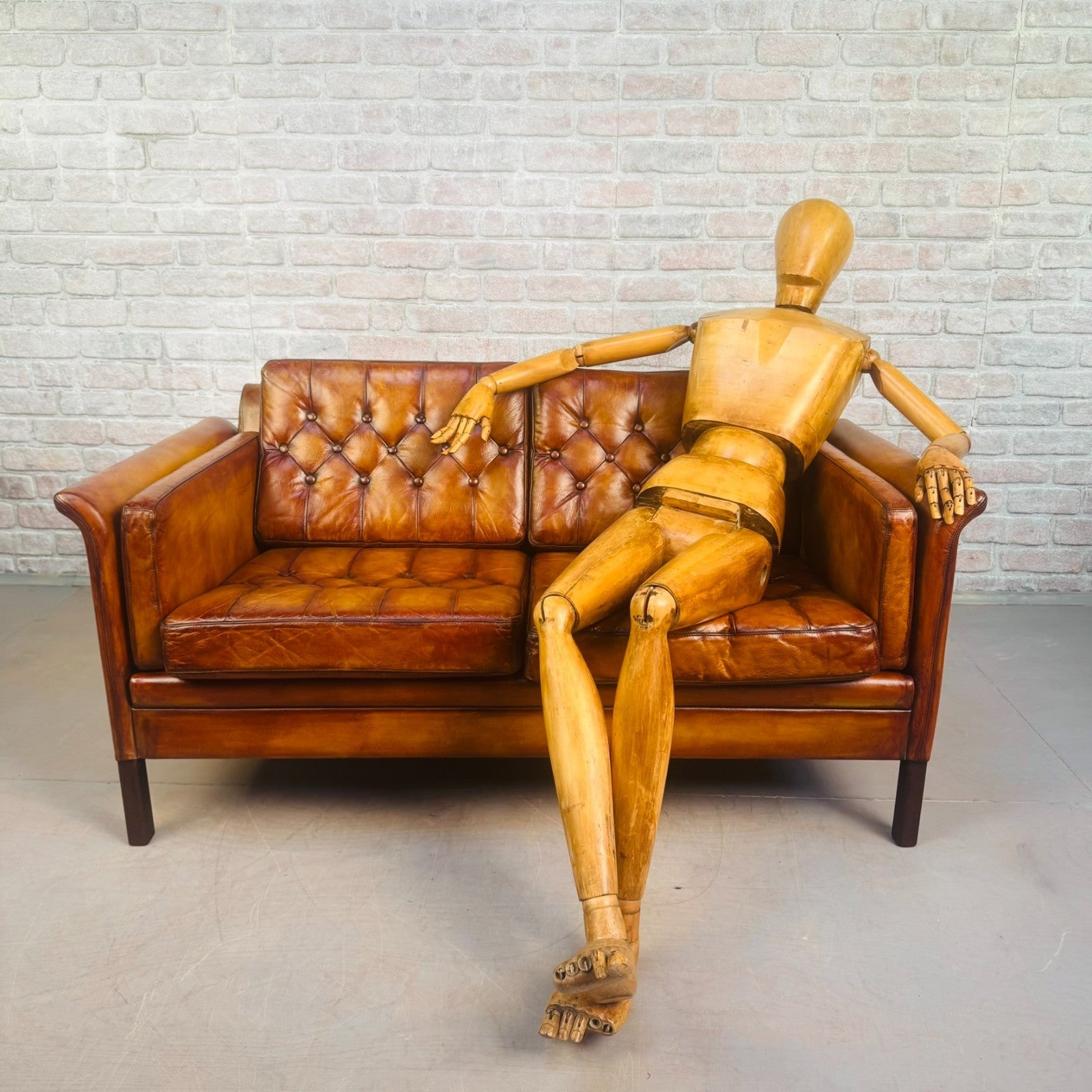 Vintage 1970s Danish Tan Leather 2 Seater Sofa Buttoned Mid Century
