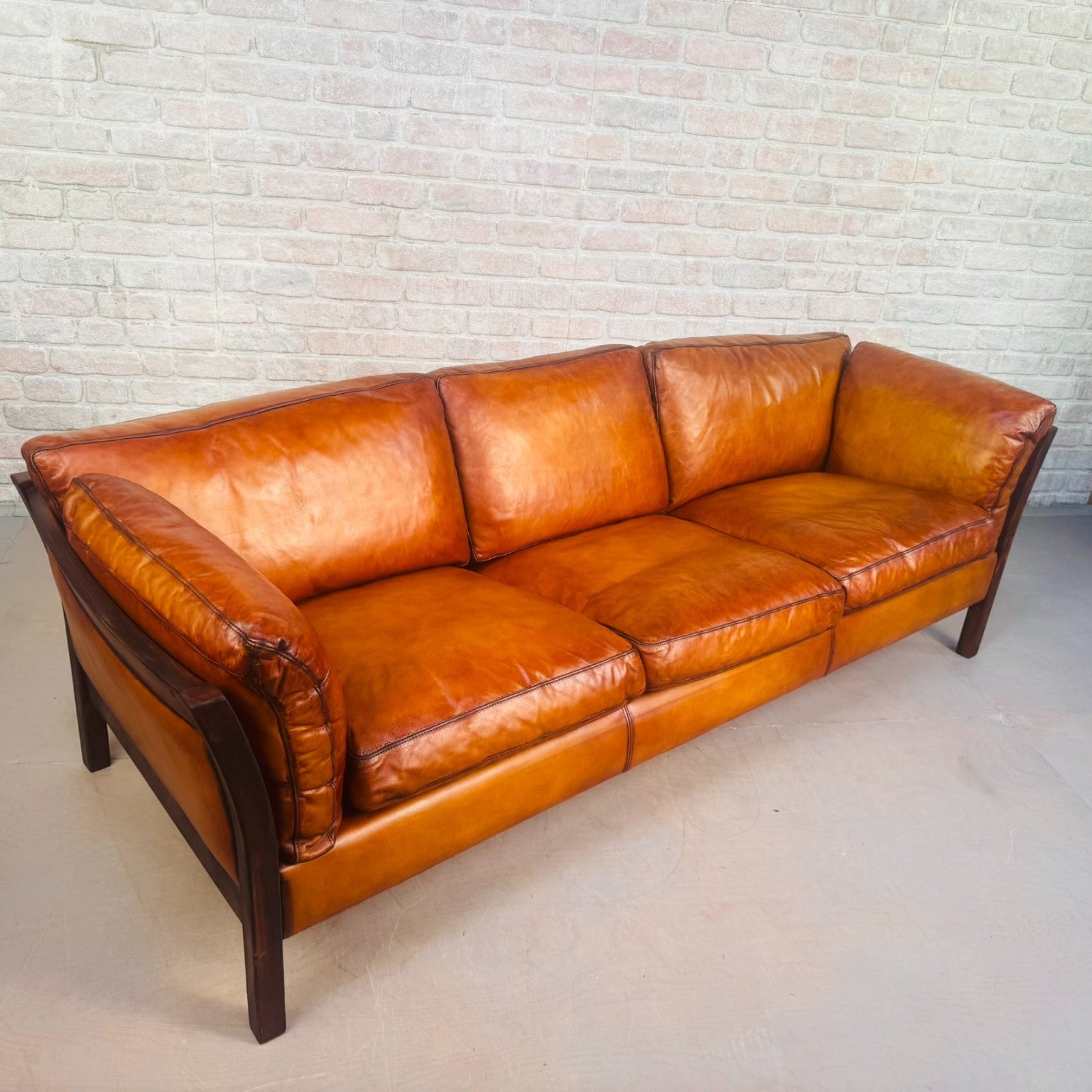 Long Vintage Danish Cognac Leather 3 Seater Sofa Mid Century Feather Filled