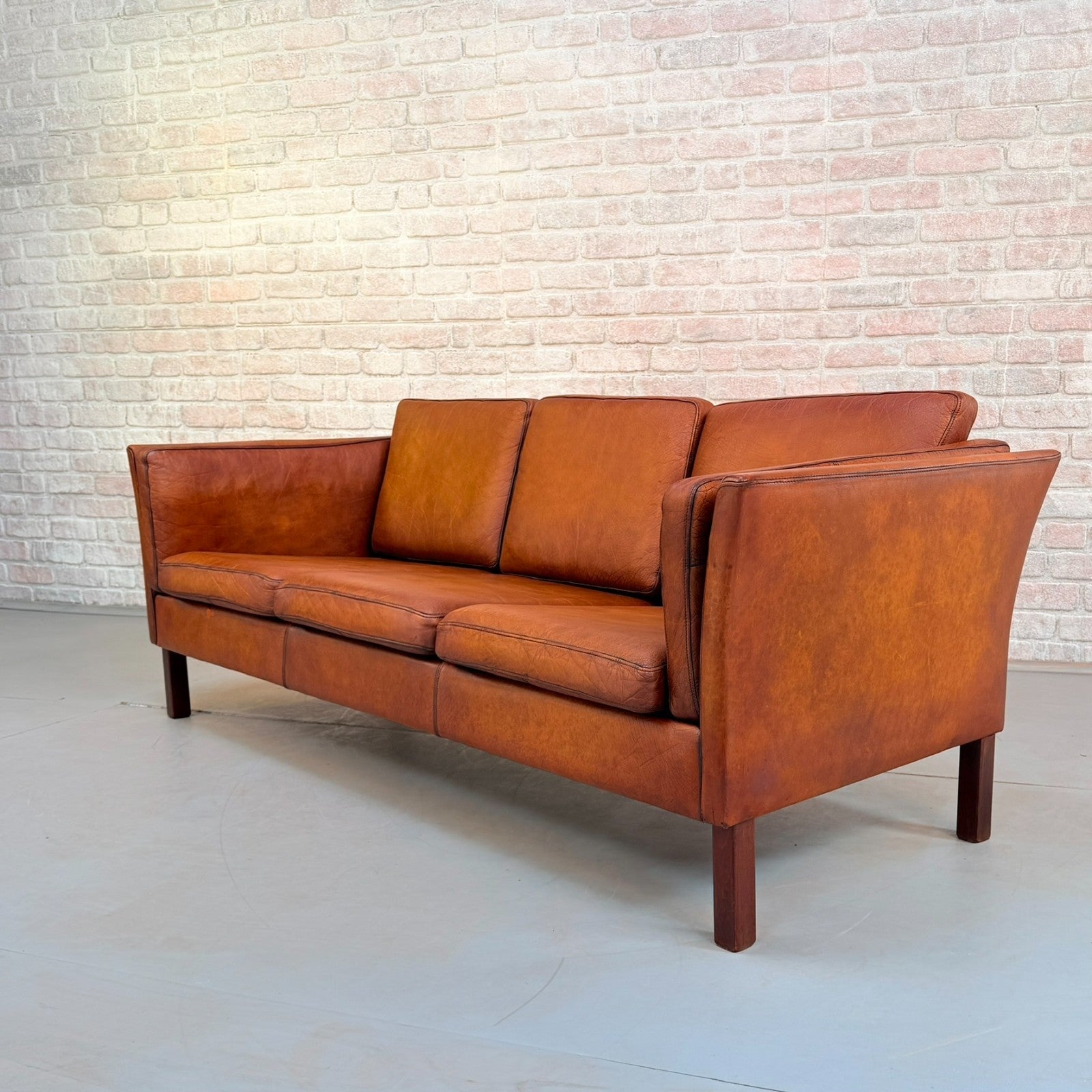 Vintage 1970s Danish Tan Leather 3 Seater Sofa Hand Dyed Buffalo Leather