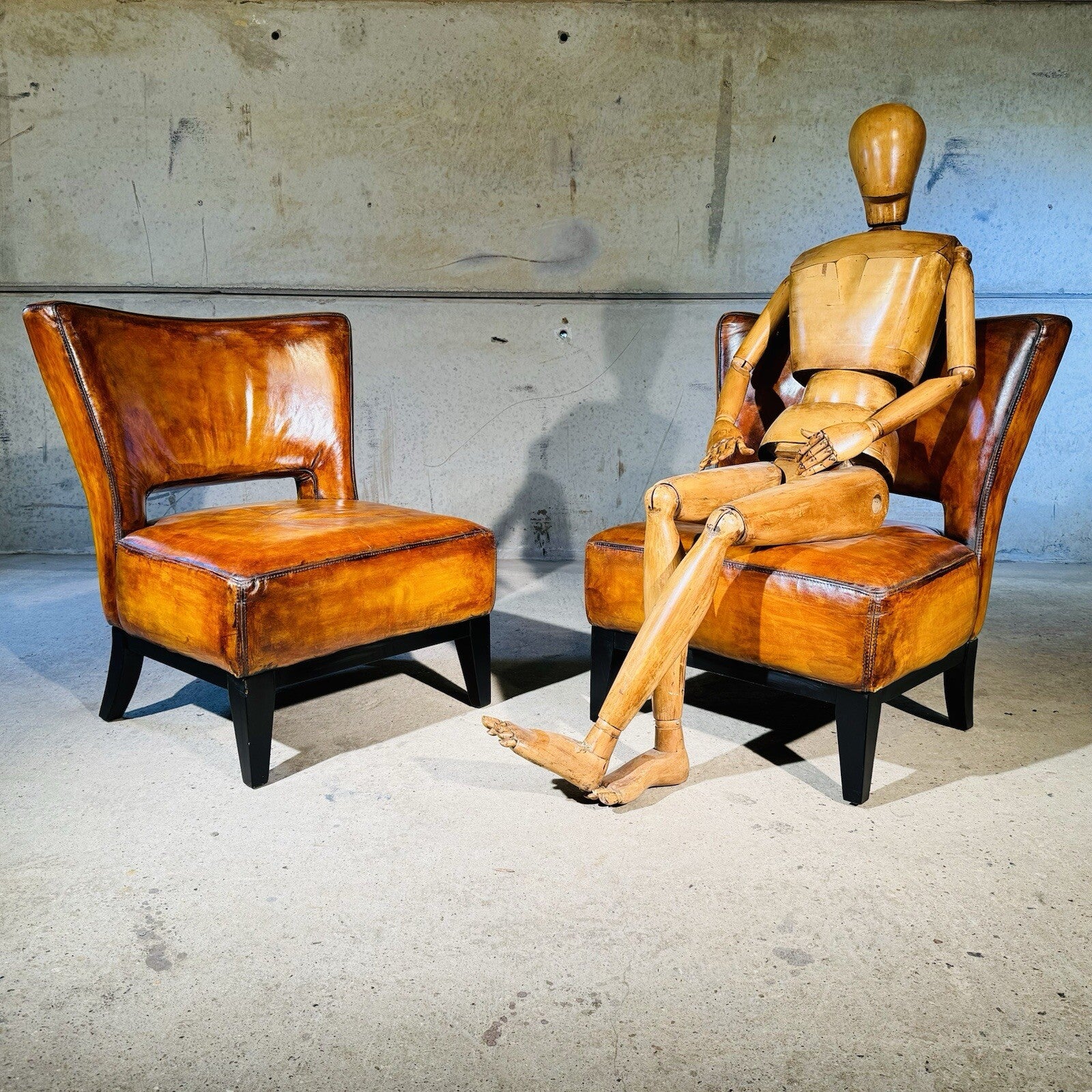Pair of Vintage Andrew Martin Oversized Leather Chairs Hand-Dyed Light Tan
