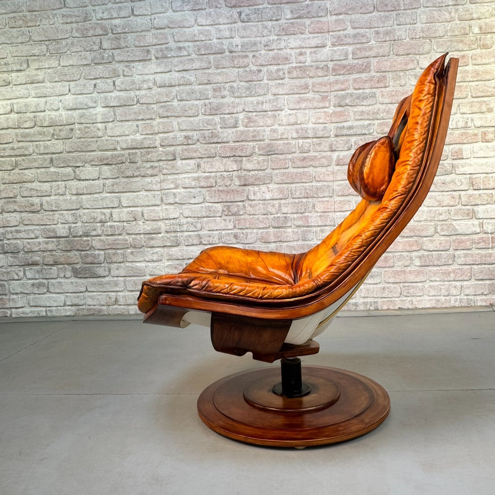 Vintage 1970s Swedish Swivel Lounge Chair | Hand Dyed Light Tan Leather