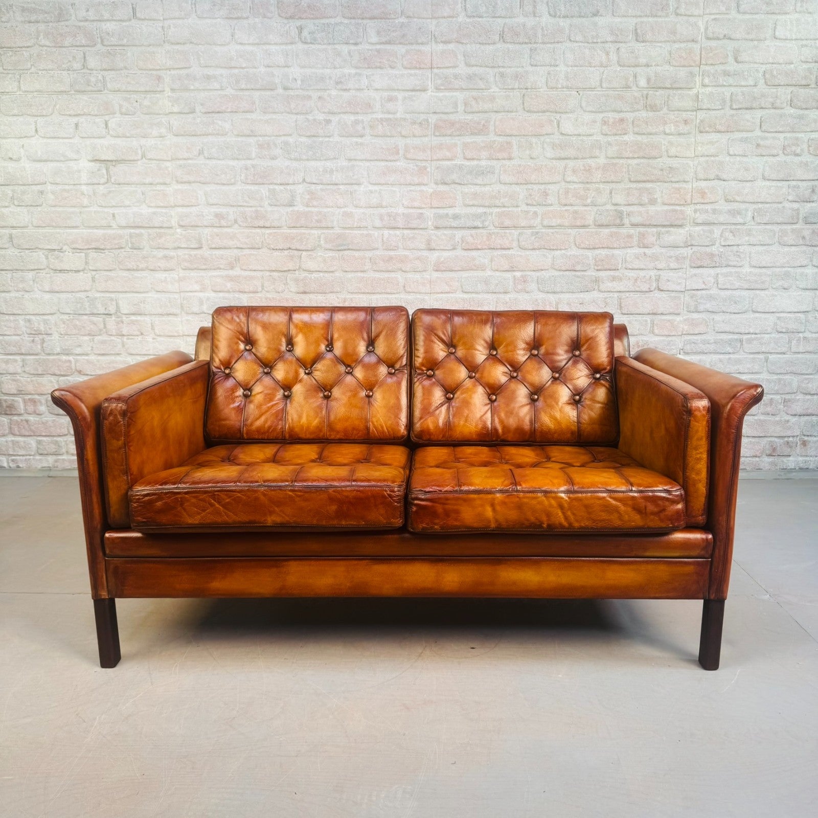 Vintage 1970s Danish Tan Leather 2 Seater Sofa Buttoned Mid Century