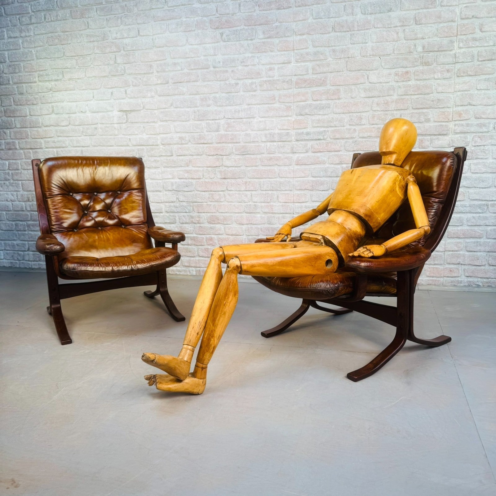 Pair of Vintage Danish Tan Leather Armchairs High Back Mid Century Chairs