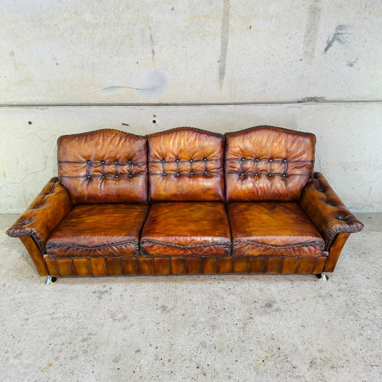 1970s Danish Rustic Tan Leather Three-Seater Sofa – Full Grain Buffalo