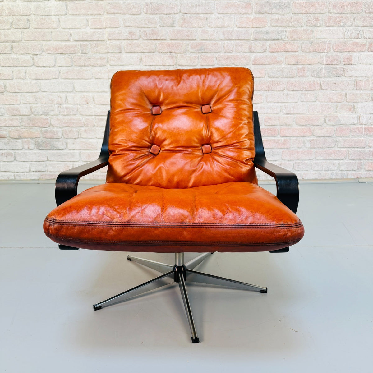 Vintage Danish Cognac Tan Leather Swivel Armchair Black Beech Frame