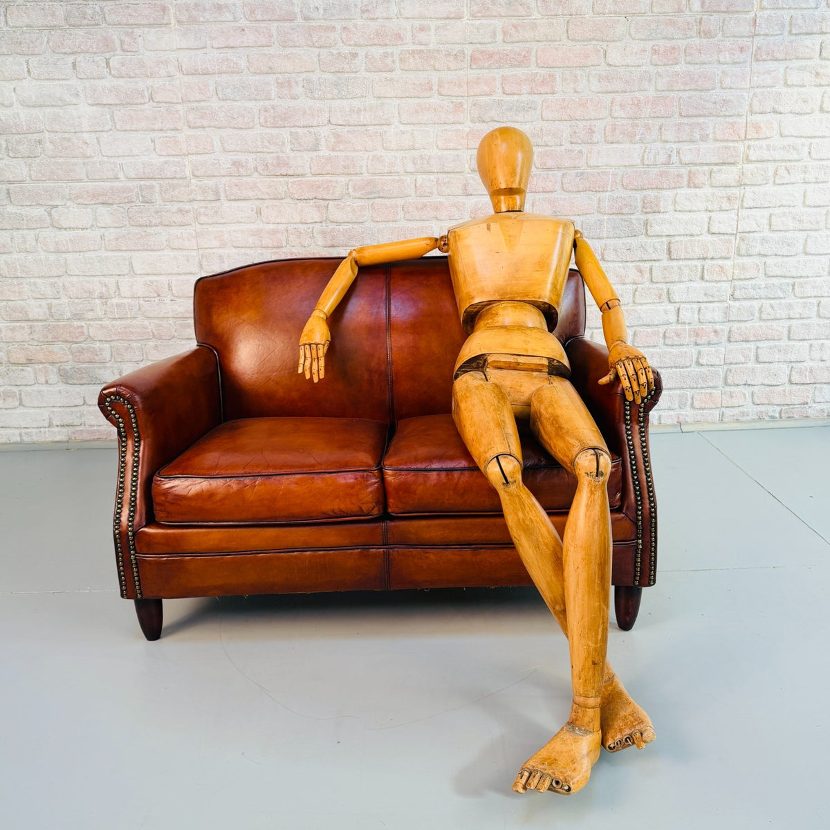Vintage English Club Hand Dyed Cognac Tan Leather 2 Seater Sofa
