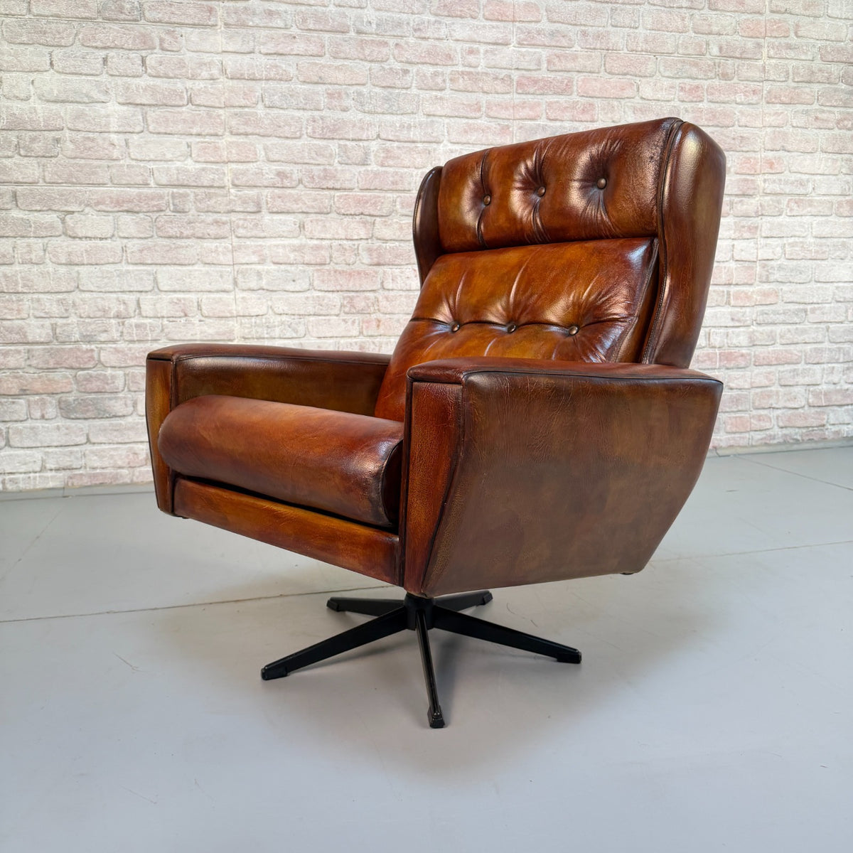 Vintage Danish Tan Leather Swivel Armchair – Scandinavian Design