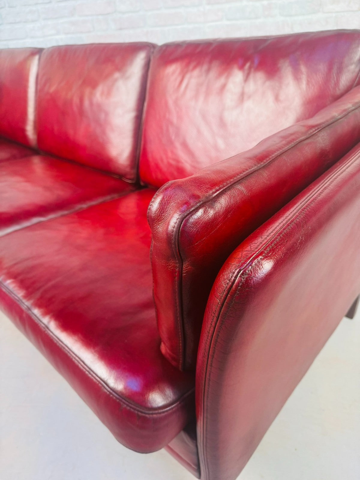 Vintage 1970s Mogens Hansen Danish Red Leather Three-Seater Sofa Mid C