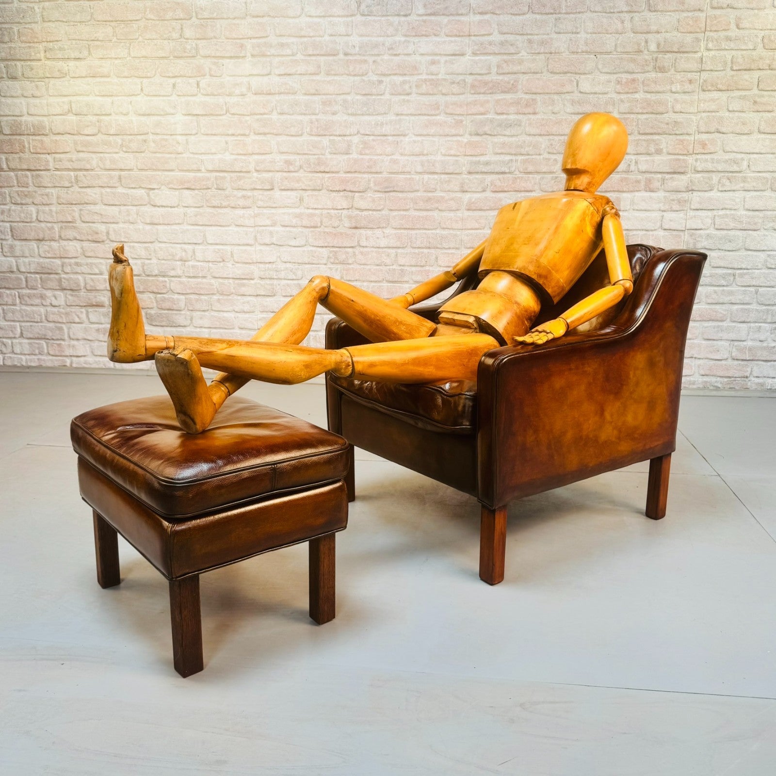 Vintage Danish Børge Mogensen Style Tan Leather Armchair & Footstool