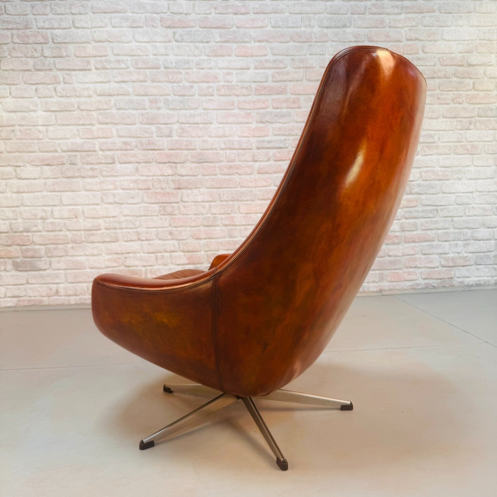 Vintage 1970s Danish Swivel Tan Leather Egg Chair Armchair