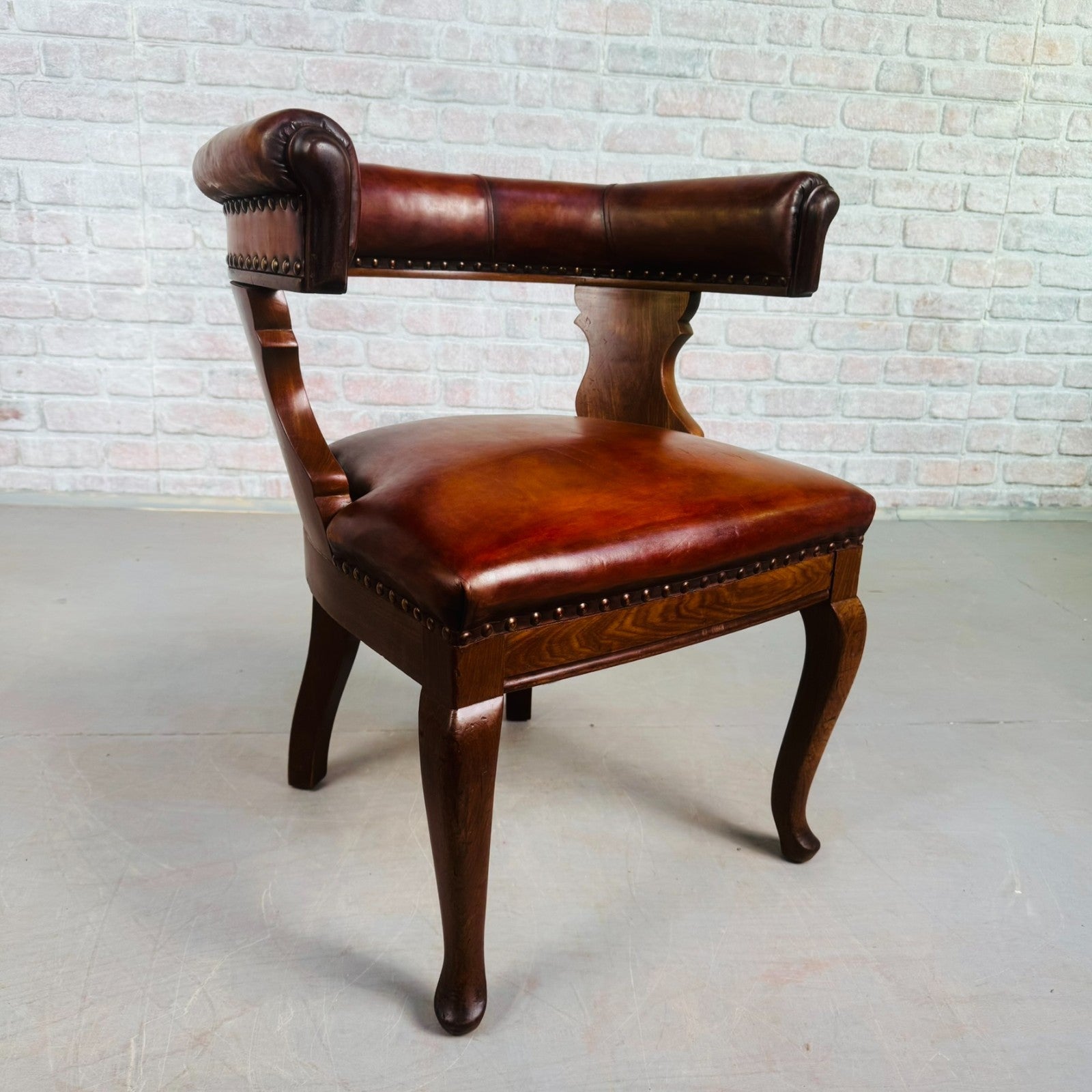 1940s Antique Danish Tan Leather Partner’s Desk Chair - Walnut Frame
