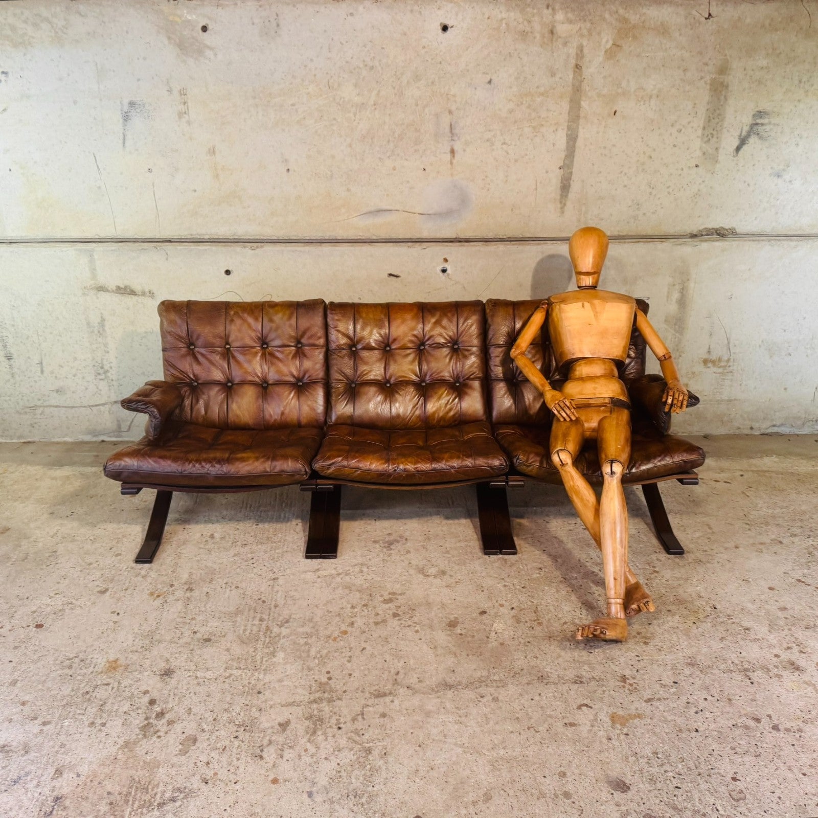1970s Norwegian Tan Leather Three-Seater Sofa — Rustic Bentwood Frame