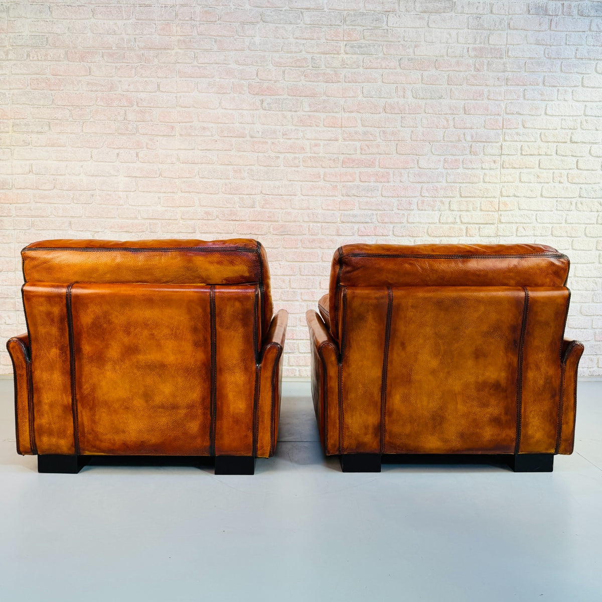 Huge Pair Vintage Roche Bobois Hand Dyed Tan Leather Armchairs