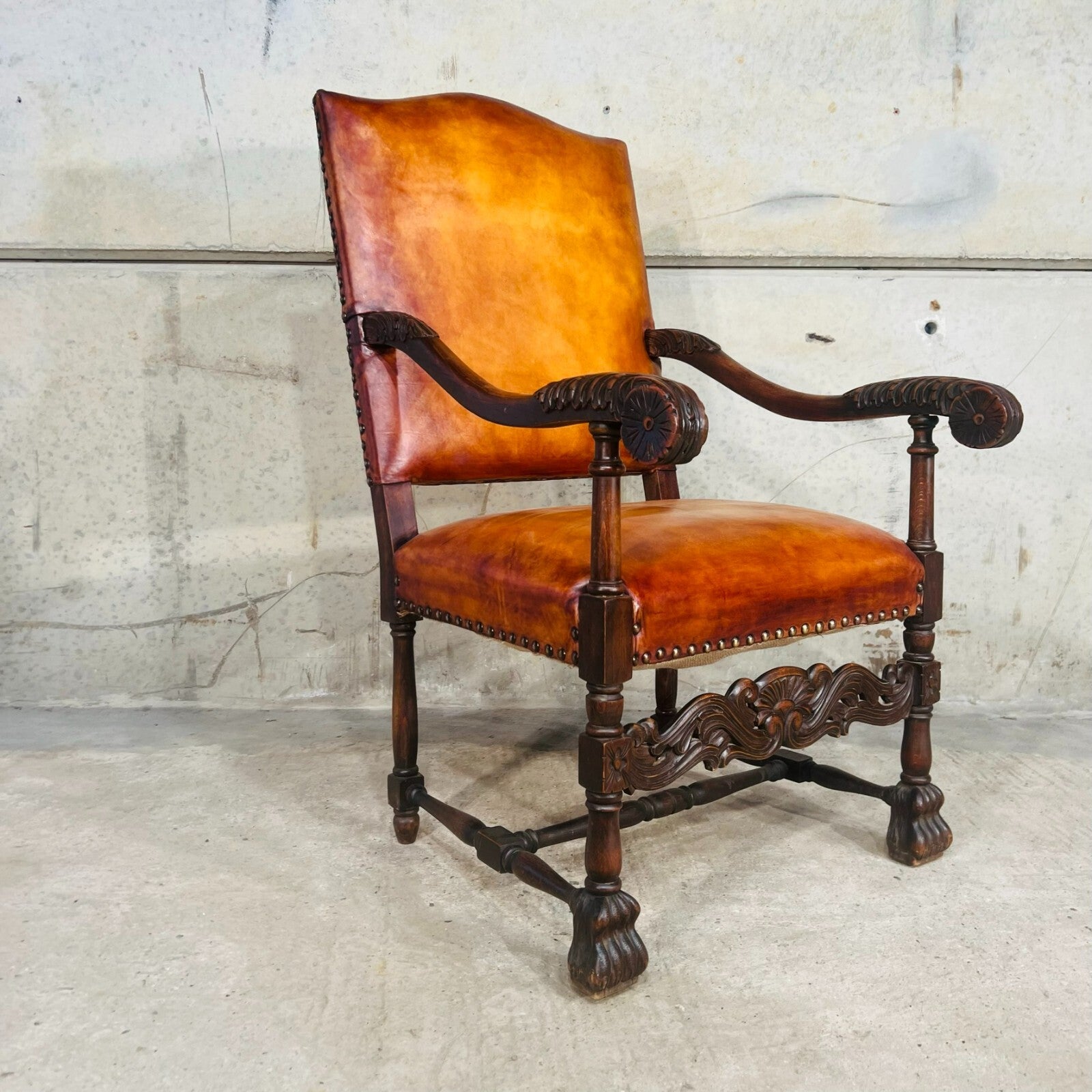 Cromwellian Revival Carved Oak and Leather Armchair Carver Chair