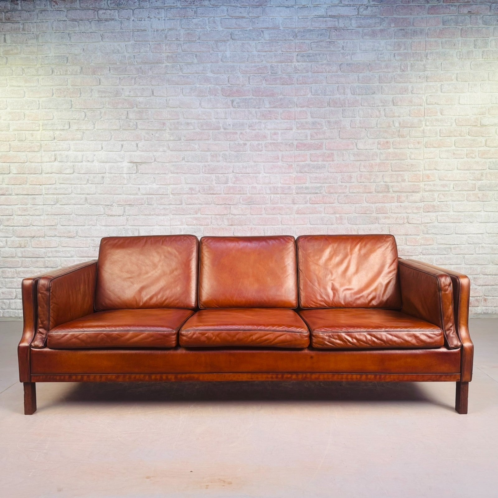 Elegant Vintage Danish 1970s Mogens Hansen Three Seater Tan Leather Sofa
