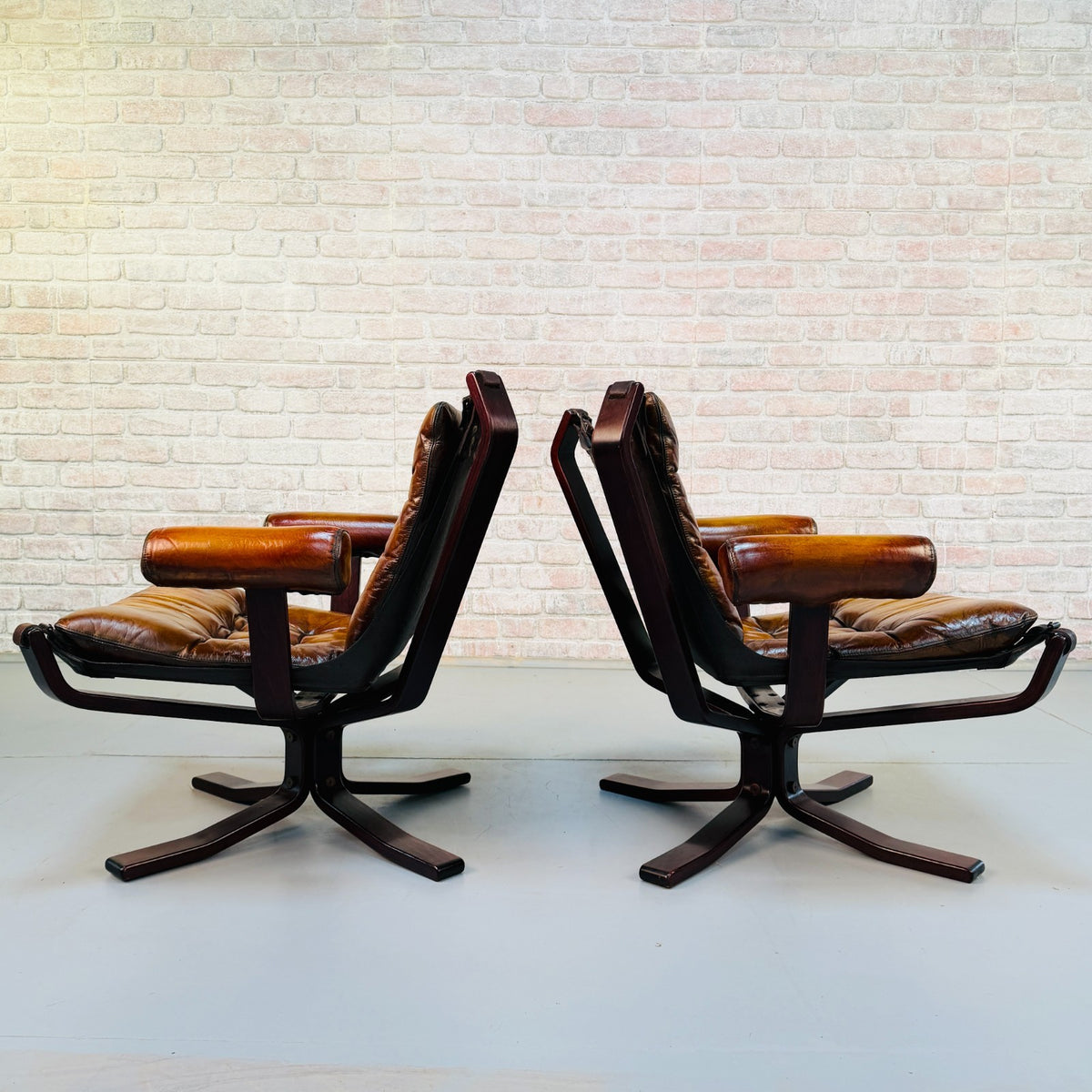 Pair Vintage 1970s Sigurd Ressel Falcon Chairs Tan Leather Norwegian Design