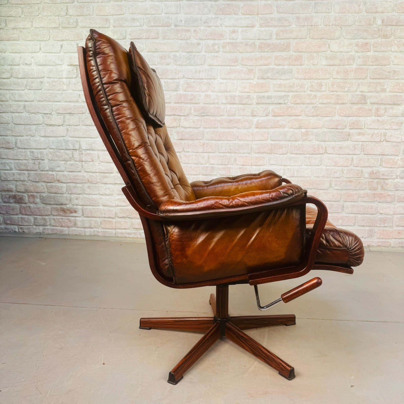 Vintage Scandinavian Tan Leather Swivel Chair