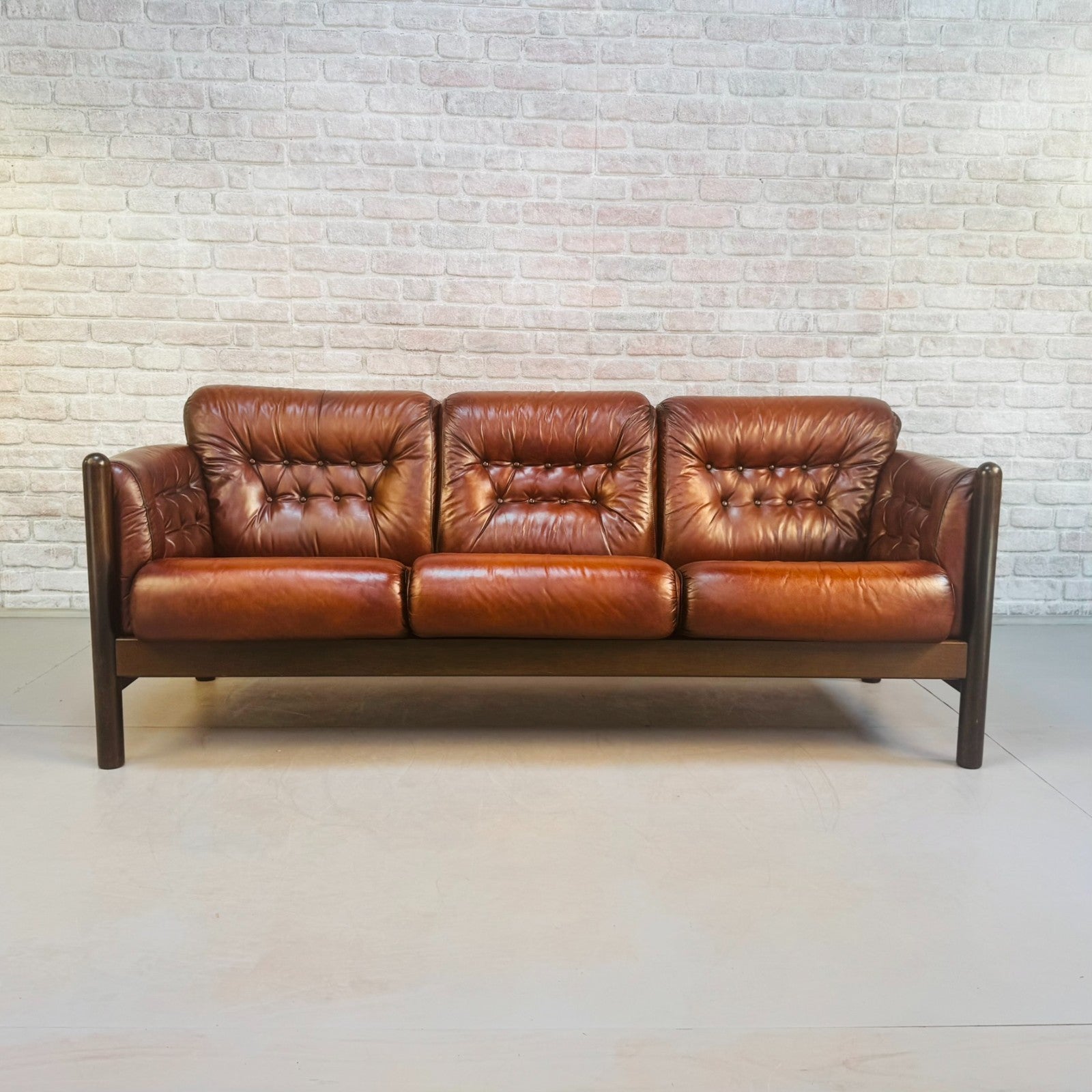 Vintage 1970s Swedish Tan Leather Three Seater Sofa