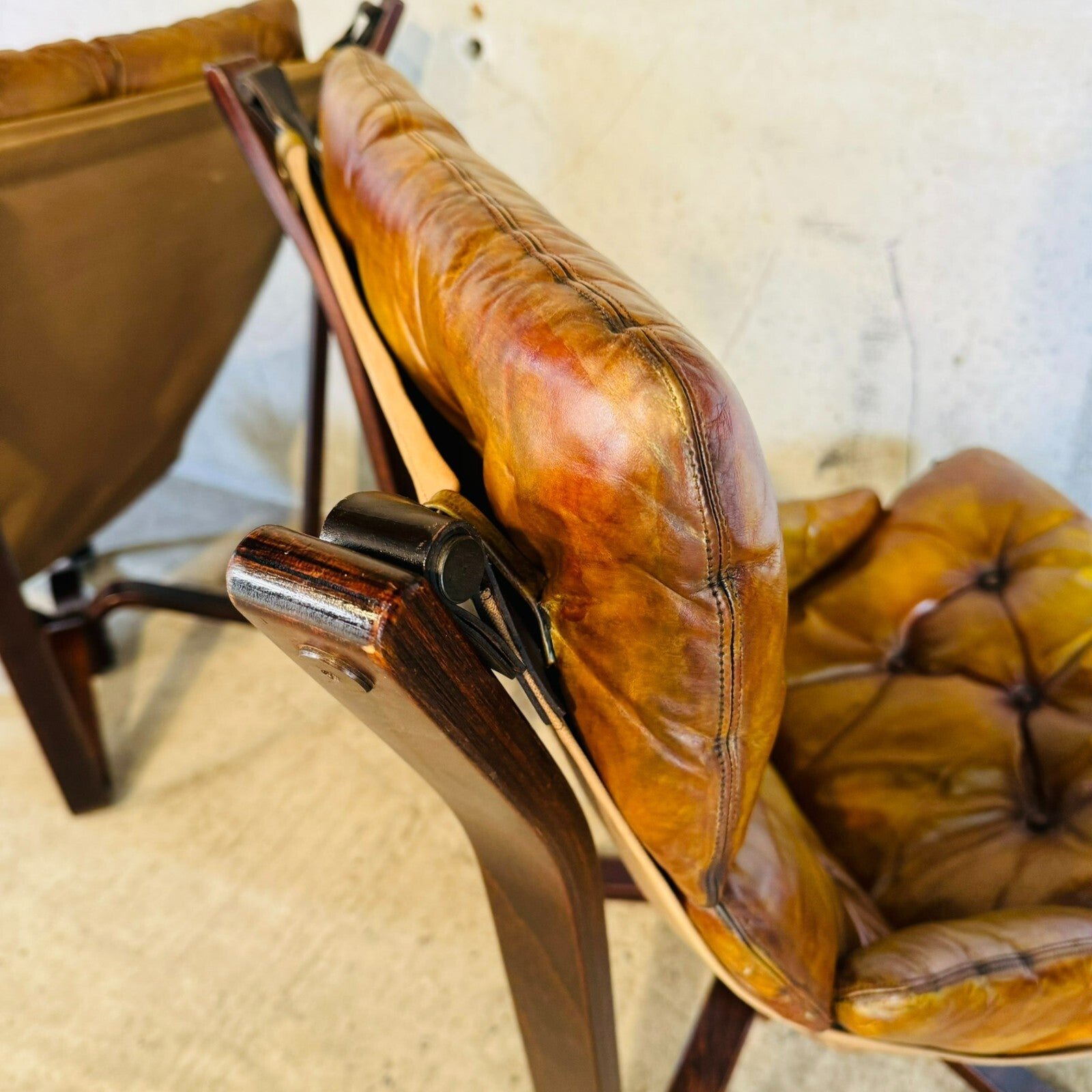 Vintage Pair of 70s Scandinavian Viking Chairs by Jim Myrstad Tan Leather