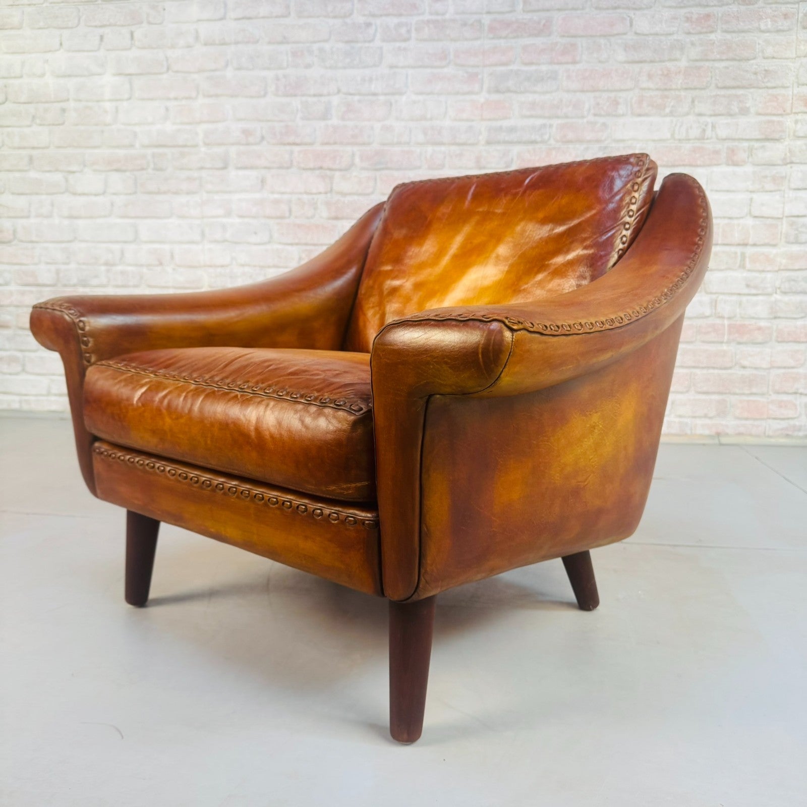 Vintage 60s Aage Christiansen "Matador" Tan Leather 2 Seater Sofa & Chair