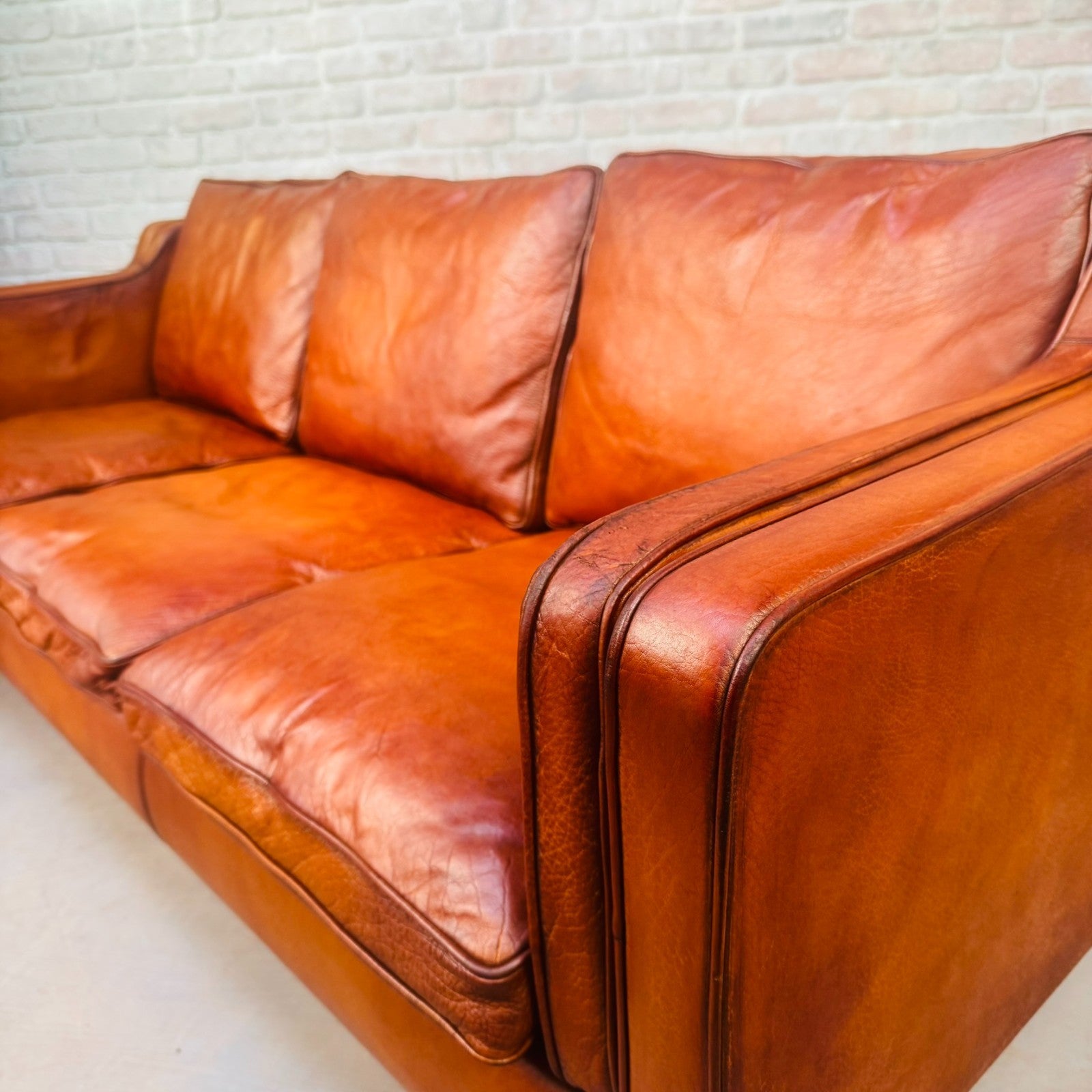 Vintage Danish Børge Mogensen Style Cognac Leather Three Seater Sofa