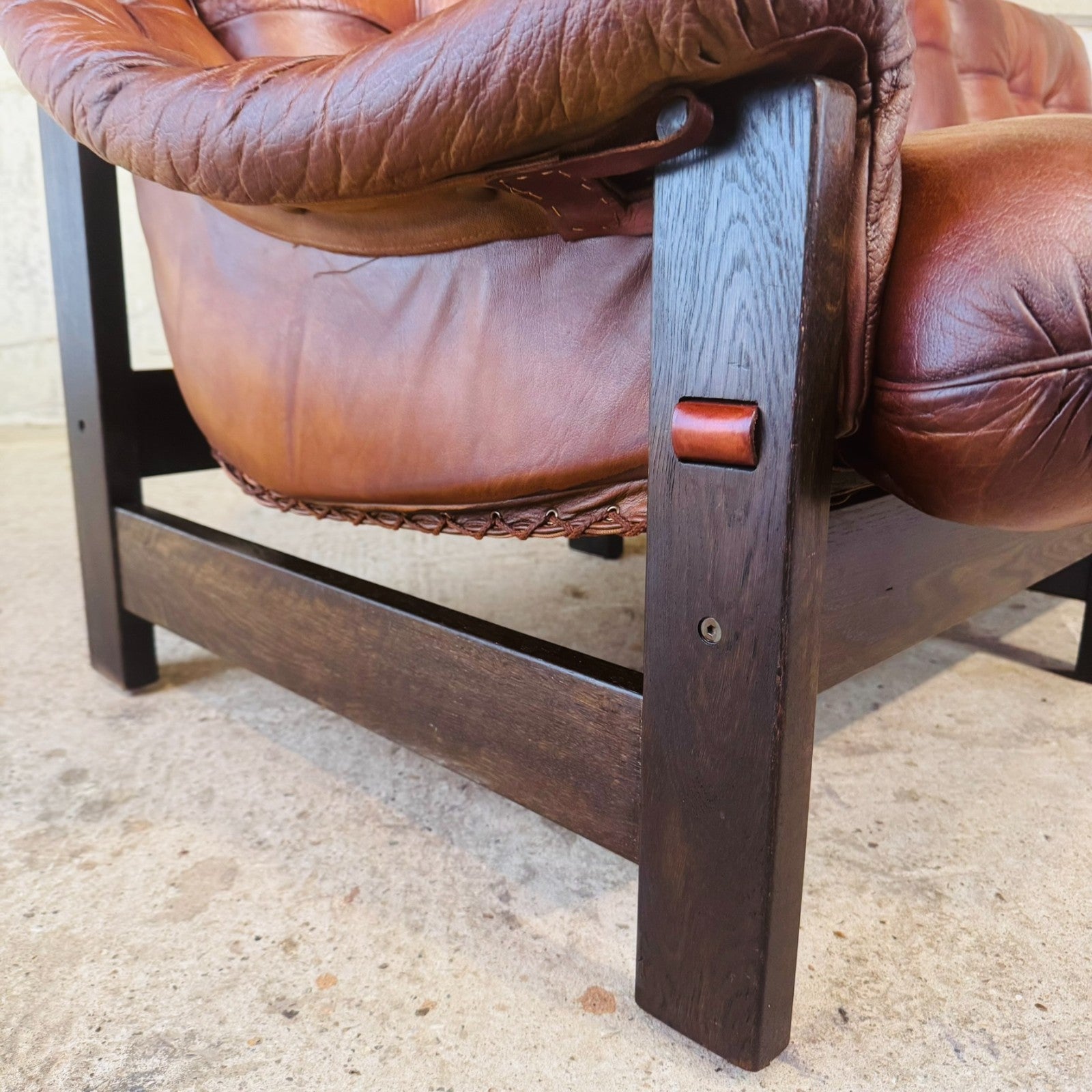 1970s Jean Gillon Brazilian Oak & Tan Leather Three-Seater Sofa