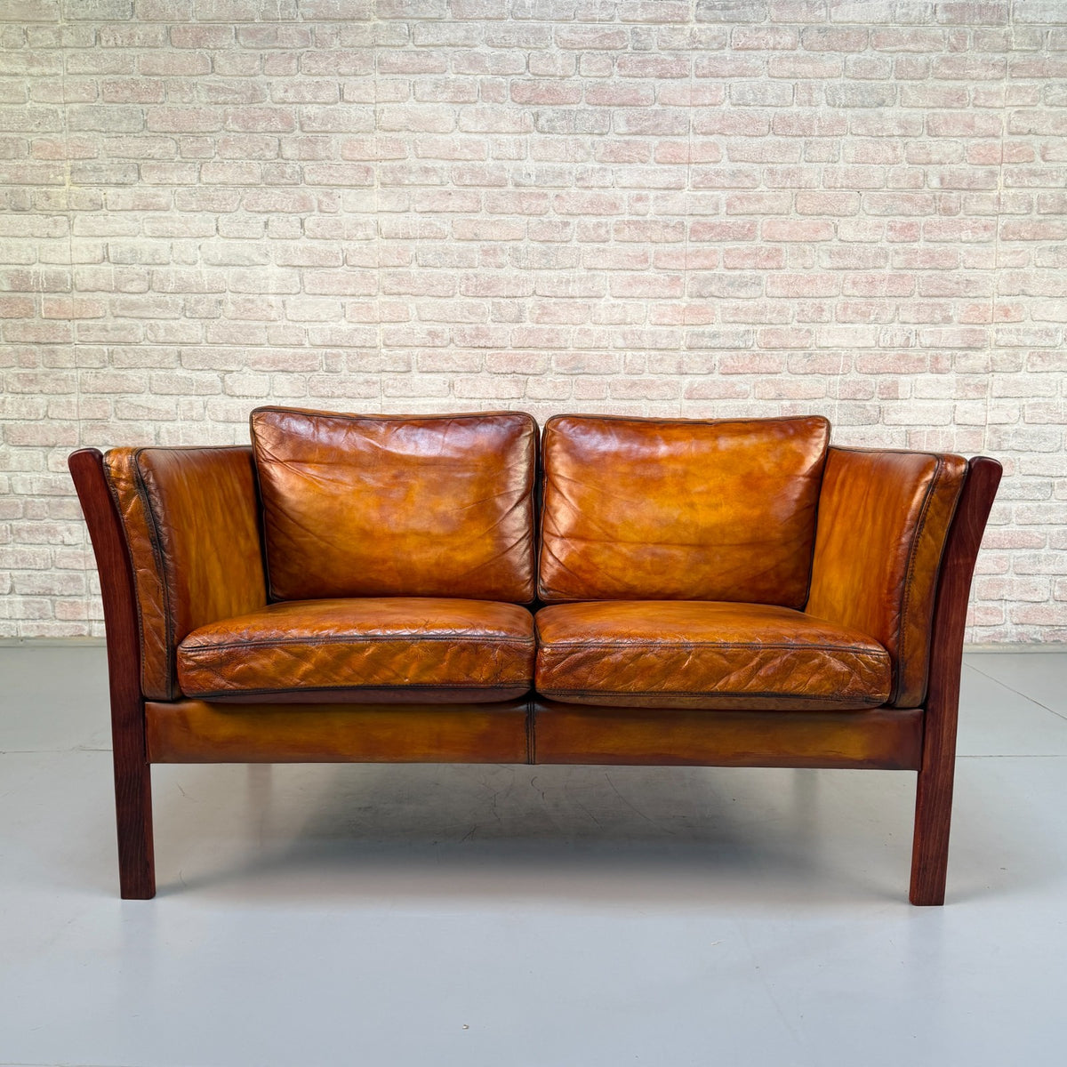Vintage Danish Tan Leather 2 Seater Sofa – Hand Dyed Beautiful Patina