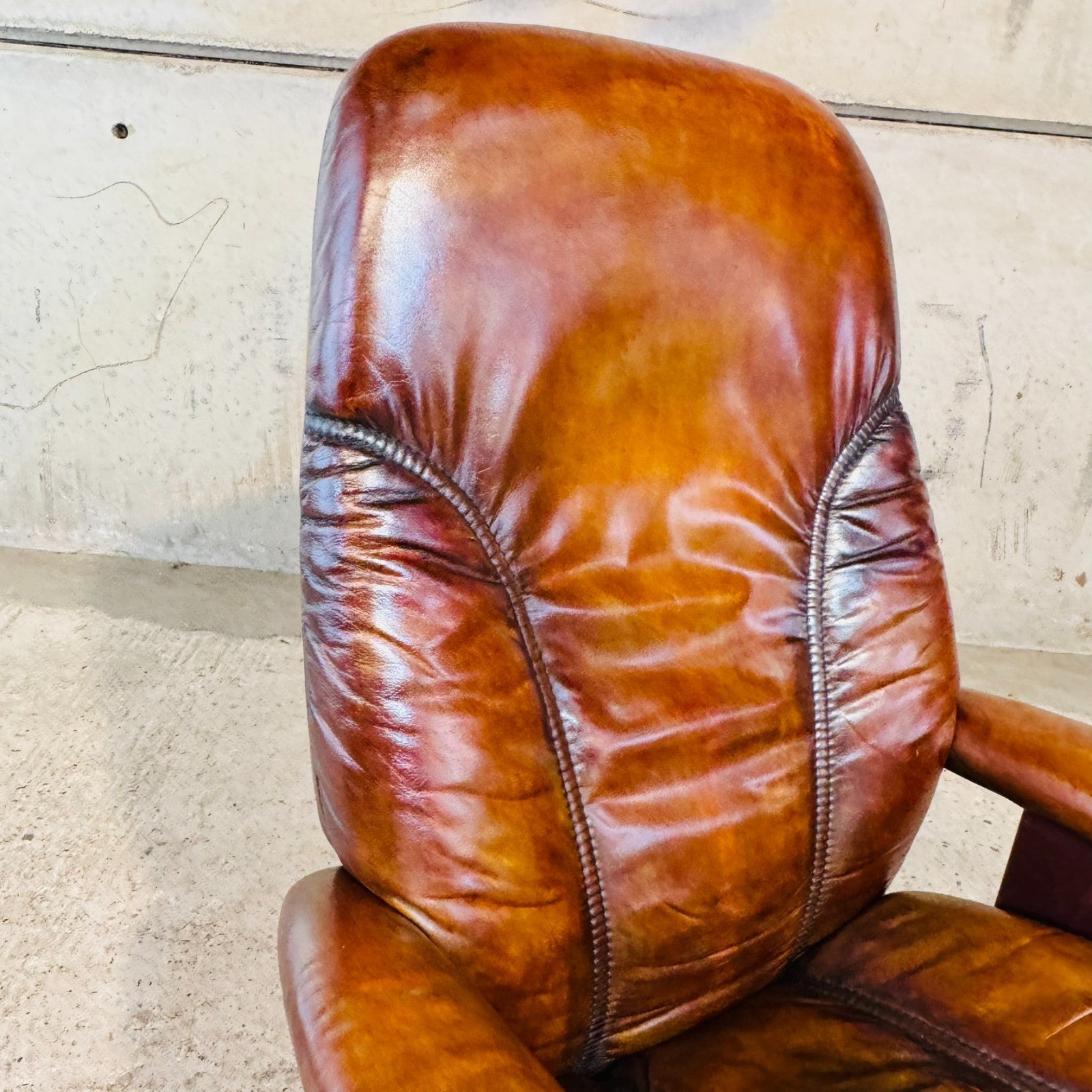 Vintage Ekornes Tan Leather Swivel Recliner Chair — Compact Design