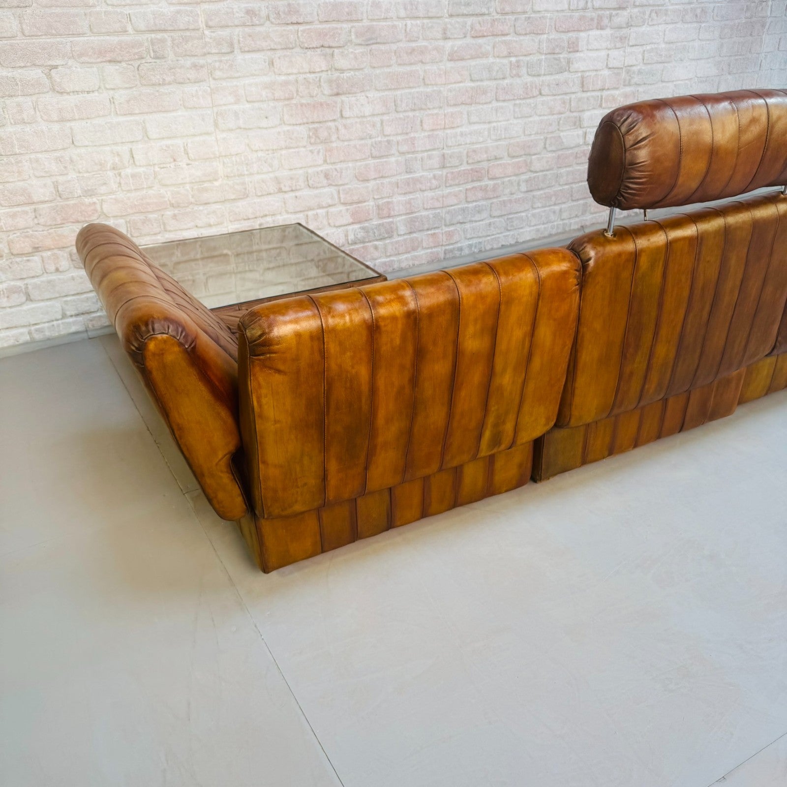 Rare Percival Lafer 60s Modular Sofa 4 Sections & Glass Top Table Tan Leather