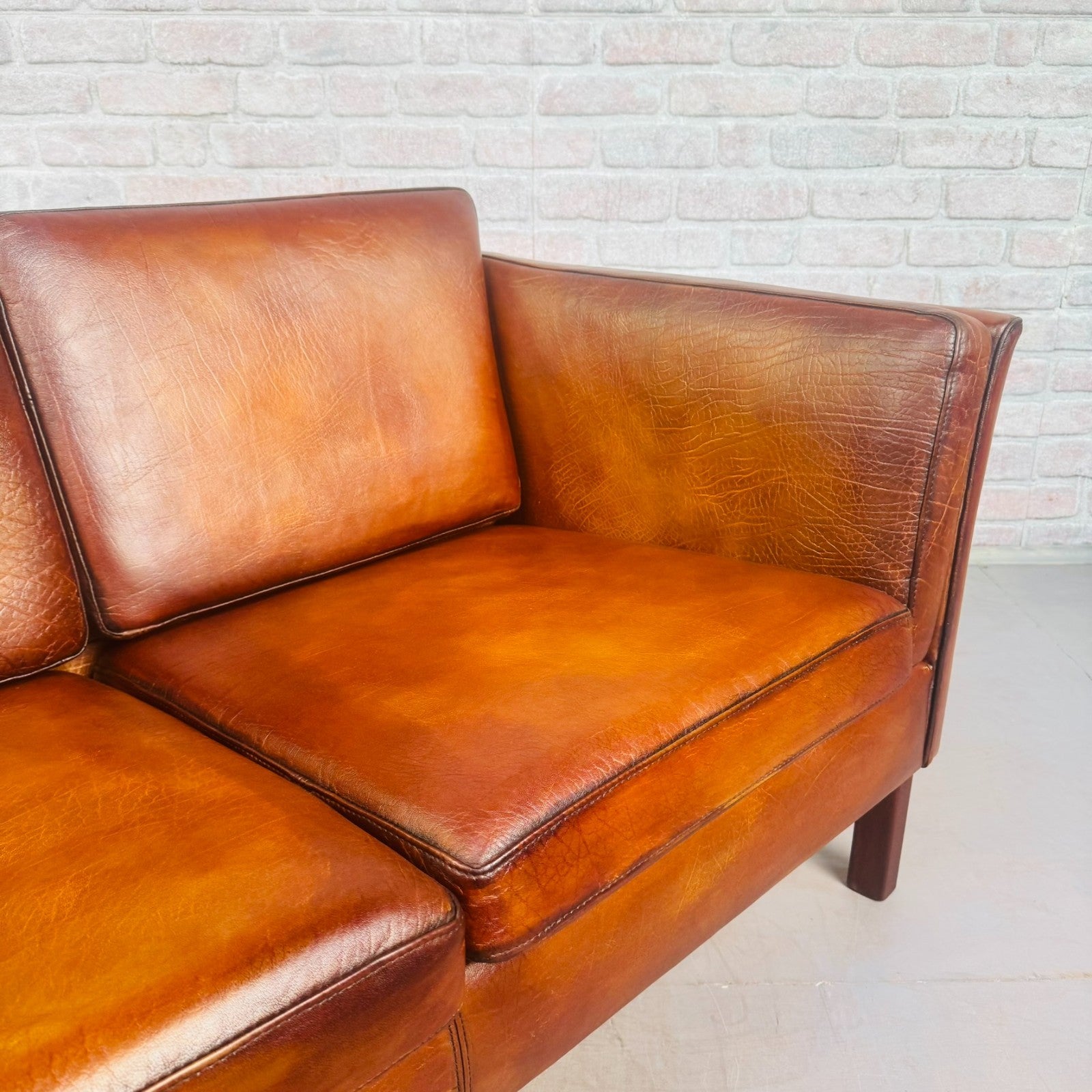 Vintage Danish Tan Leather 2 Seater Sofa Compact Mid Century Space Saver