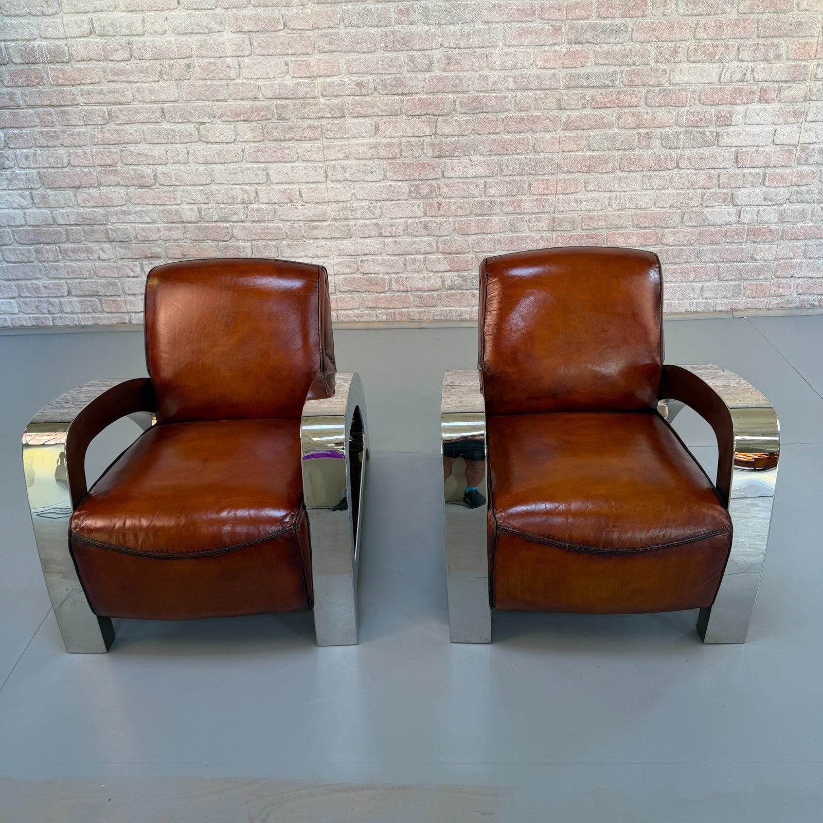 Stunning Pair of Vintage Art Deco Chrome Aviator Heritage Brown Leather Armchair