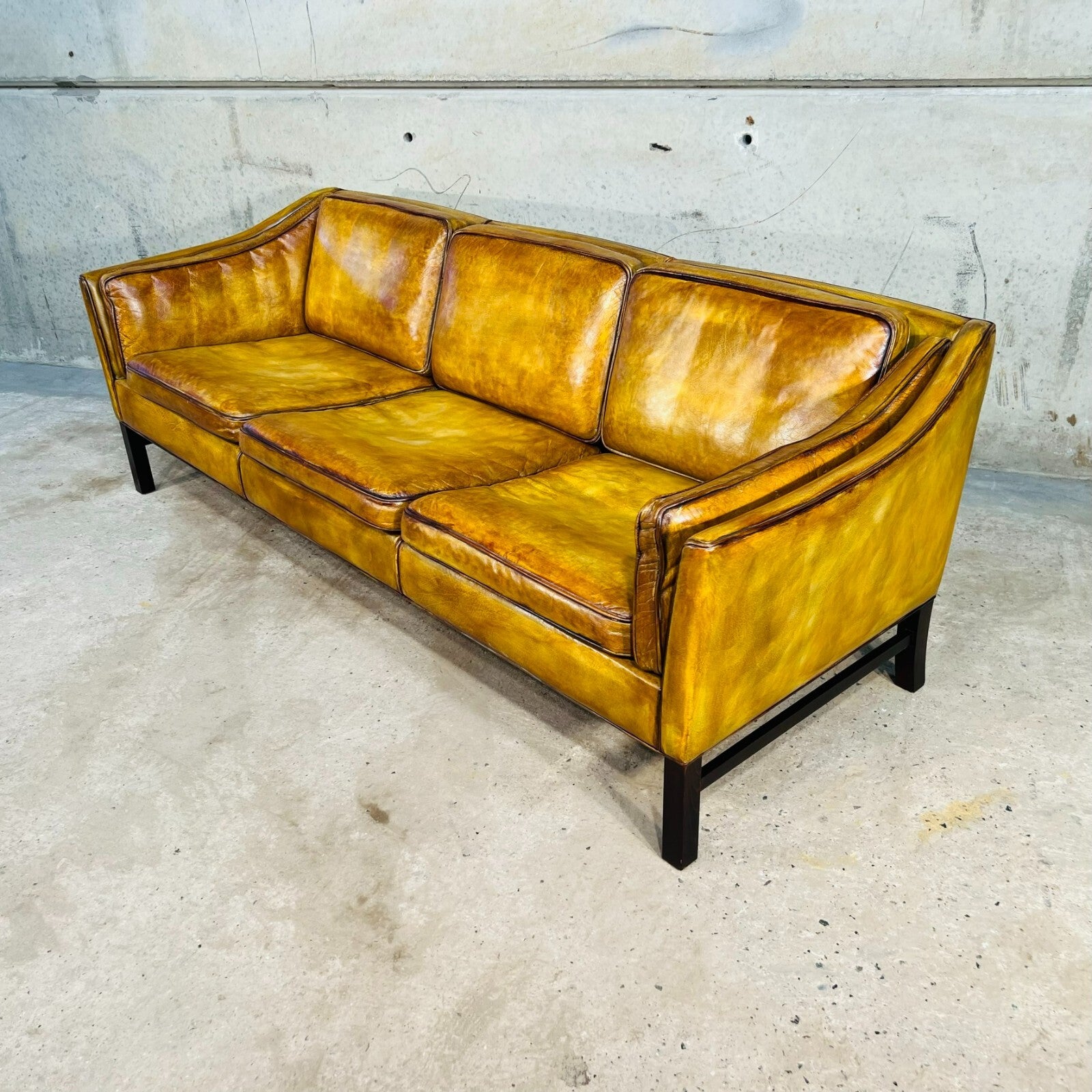 Vintage 1970s Danish Erik Jorgensen Patinated Light Tan Three-Seater Leather Sofa
