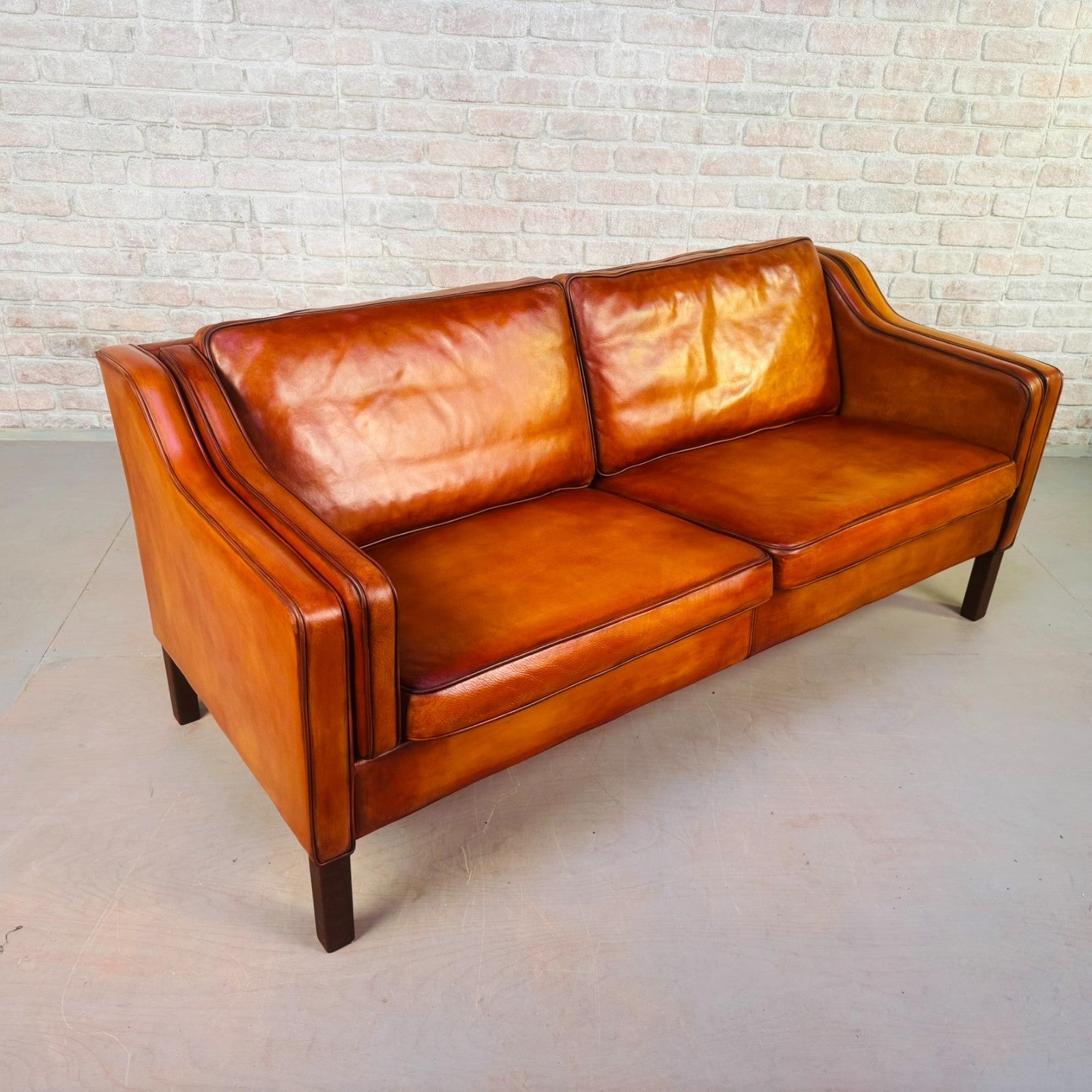 Stylish Pair of Vintage Danish Tan Leather 2.5 Seater Sofas