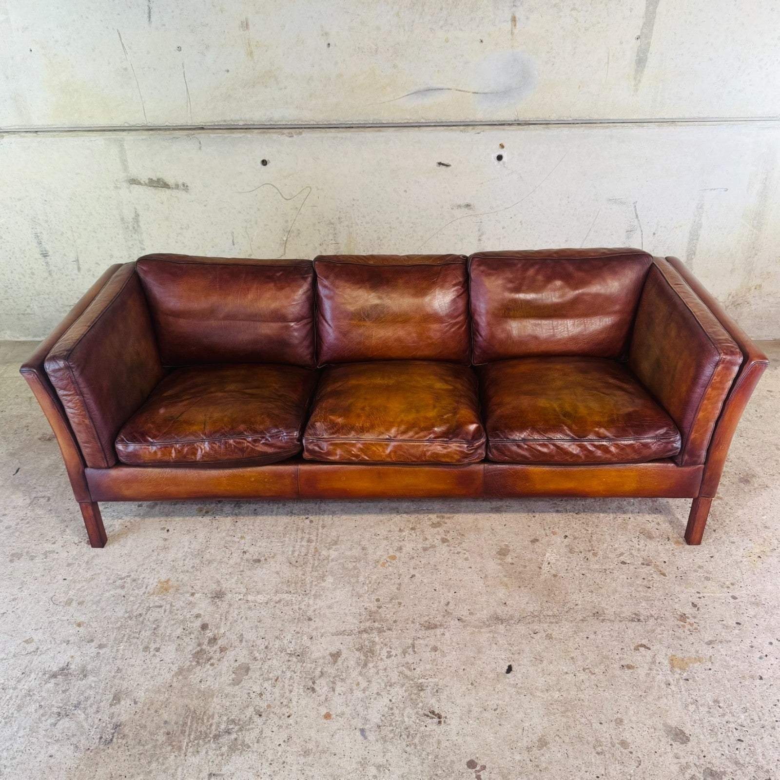 Danish Vintage Tan Leather Three-Seater Sofa — Sleek & Elegant
