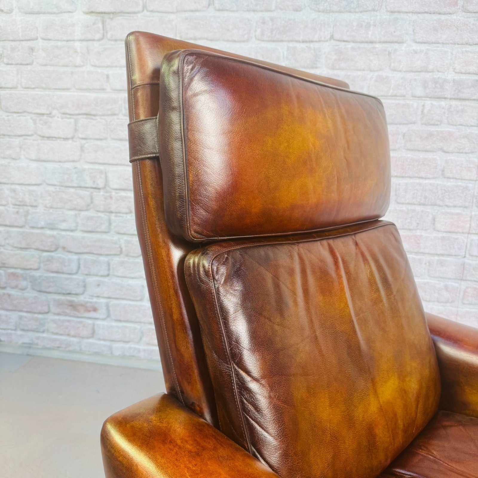 Vintage 1970s Danish Tan Leather Swivel Chair Mid Century Armchair