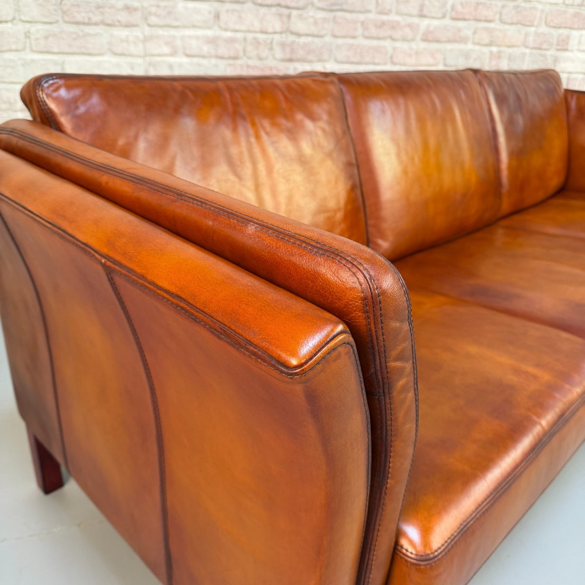 Vintage Danish Tan Leather 3 Seater Sofa – Hand Dyed Beautiful Patina