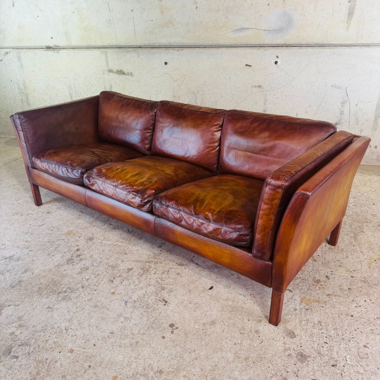 Danish Vintage Tan Leather Three-Seater Sofa — Sleek & Elegant